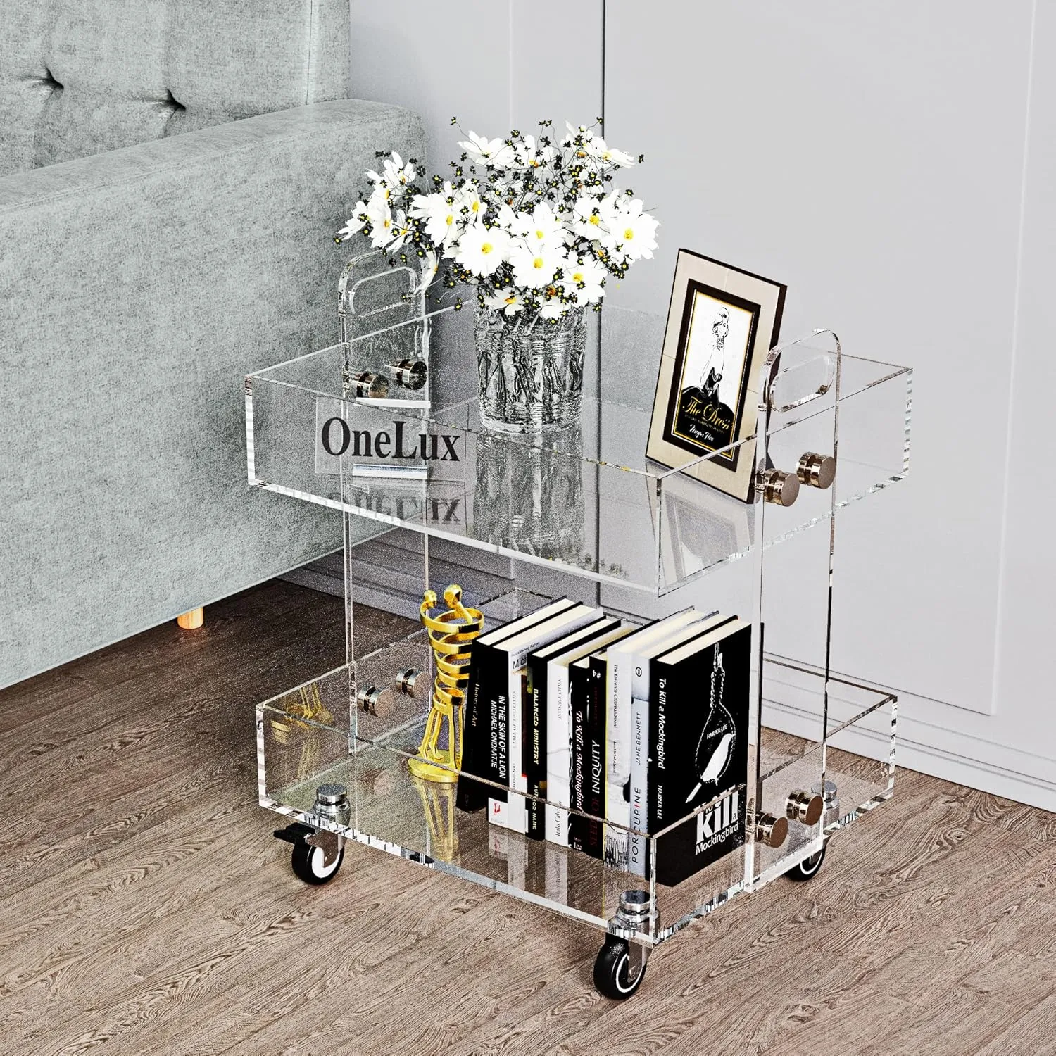 ONELUX (Flat Packed) Original Acrylic Side Table,Clear Table with Wheels,Acrylic Bedside Tables/Night Stand - 41×34×48H CM