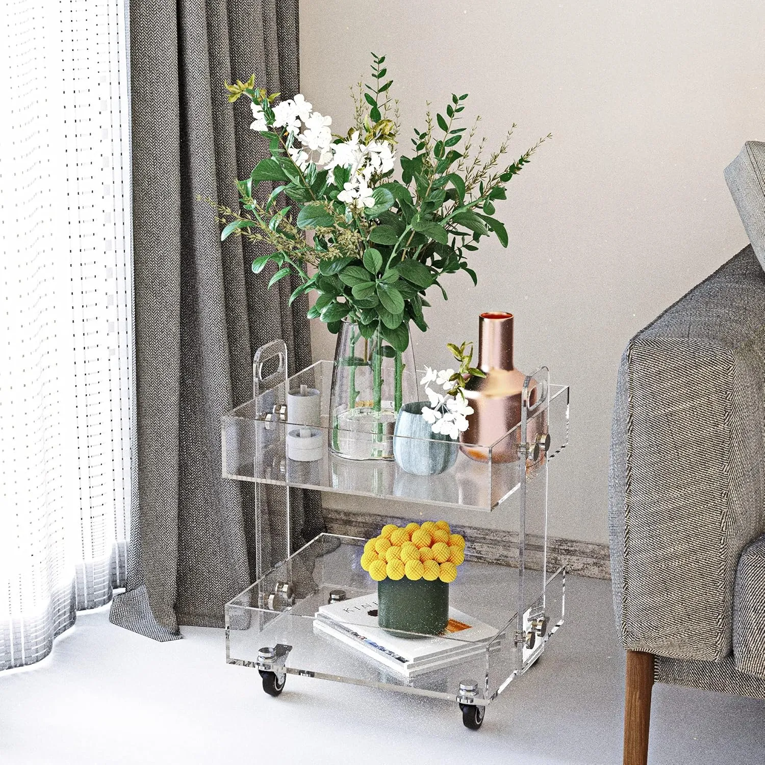 ONELUX (Flat Packed) Original Acrylic Side Table,Clear Table with Wheels,Acrylic Bedside Tables/Night Stand - 41×34×48H CM