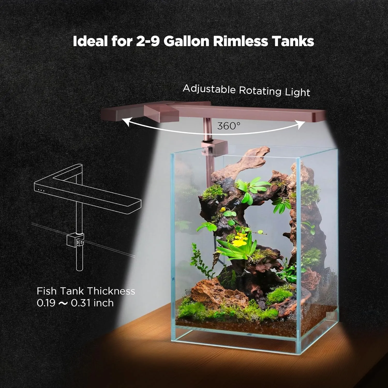 ONF Flat Nano Full Spectrum LED Aquarium Light, Dimmable 7000K / 1300lm, for <10 Gallons Rimless Fish Tanks, Aquatic Plant Growth, Terrarium Spotlight, Potted Plant IP54 Waterproof (Rose Gold)