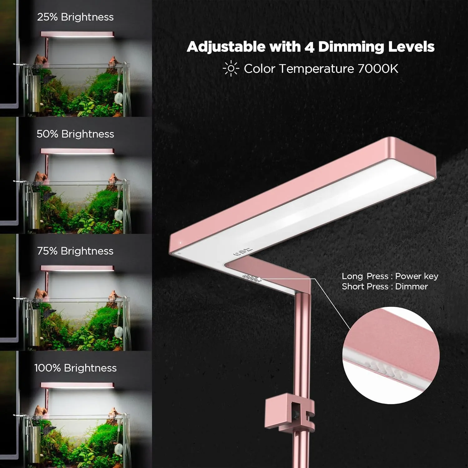 ONF Flat Nano Full Spectrum LED Aquarium Light, Dimmable 7000K / 1300lm, for <10 Gallons Rimless Fish Tanks, Aquatic Plant Growth, Terrarium Spotlight, Potted Plant IP54 Waterproof (Rose Gold)