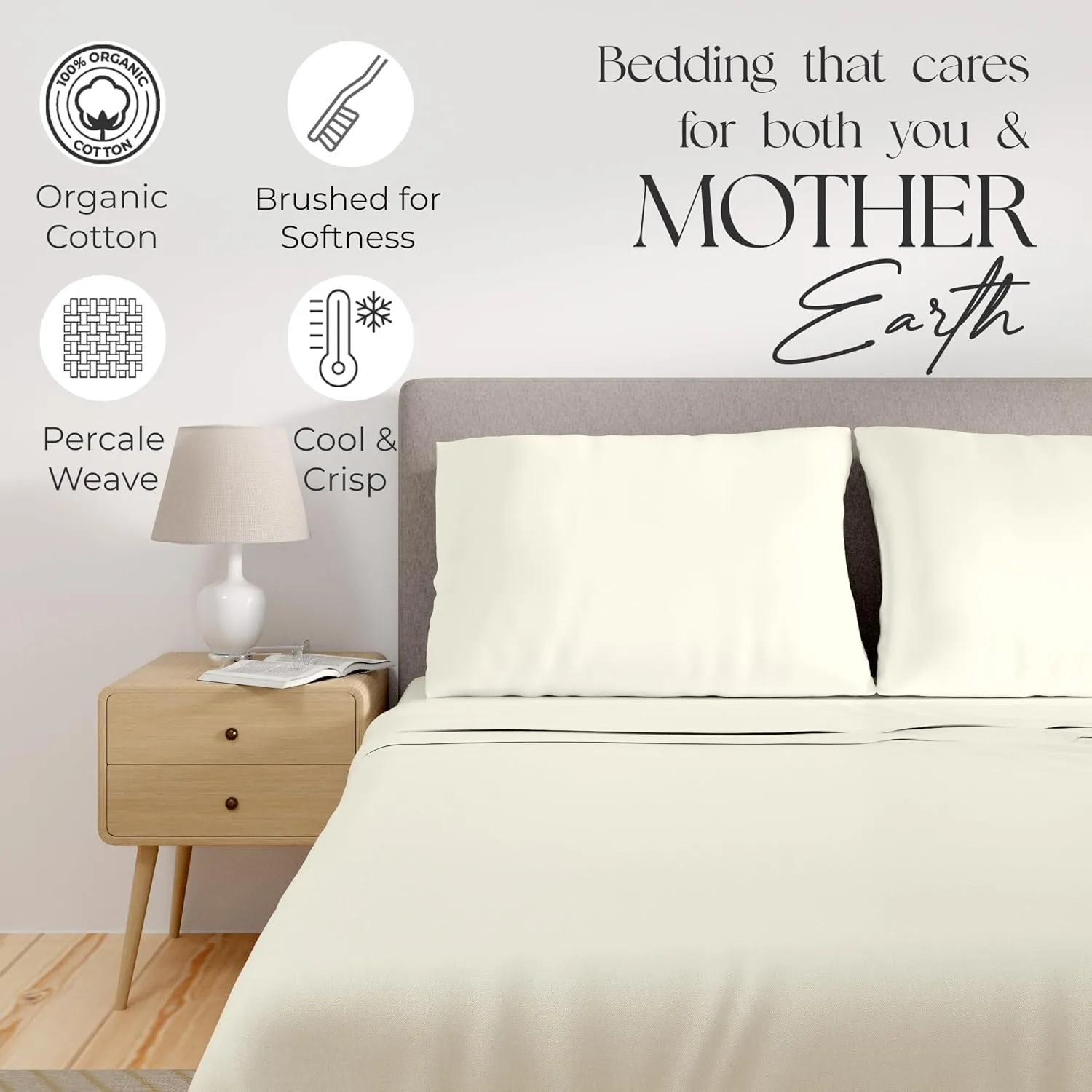 Organic 100% Cotton, Light Ivory King Size Sheet Set, 4-Piece Deep Pockets Light Ivory Bed Sheets, Cool & Crisp Percale Sheets for King Size Bed, Easy Fit