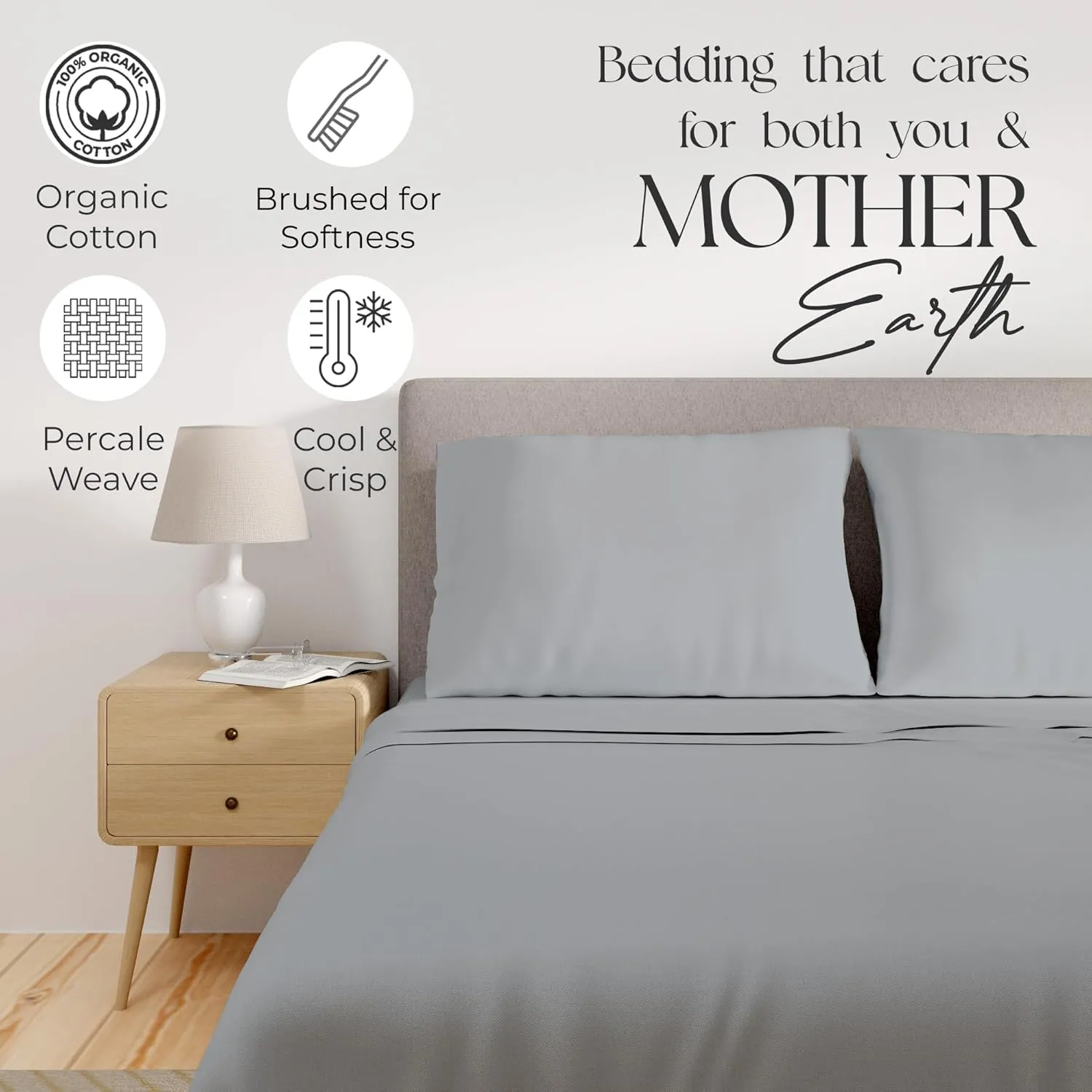 Organic 100% Cotton, Silver King Size Sheet Set, 4-Piece Deep Pockets Silver Bed Sheets, Cool & Crisp Percale Sheets for King Size Bed, Easy Fit