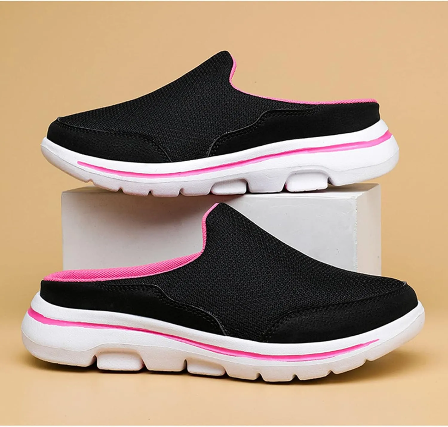 ORNVEION Women's Mesh Knitted Slip-On Platform Mules with Arch Support,Fashion Backless Soft Lightweight Half Sports Shoes Breathable Non-Slip Walking Slippers
