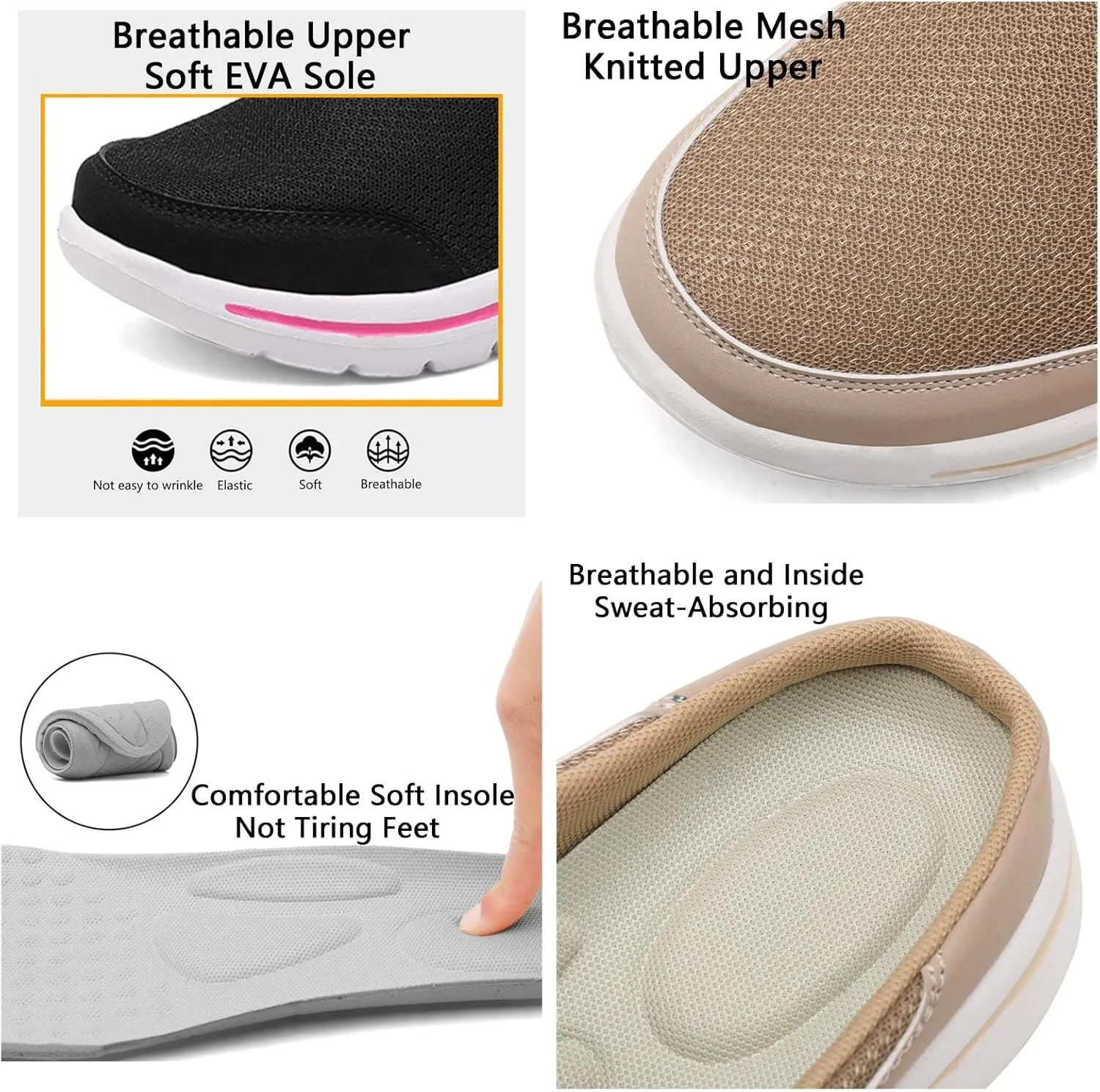 ORNVEION Women's Mesh Knitted Slip-On Platform Mules with Arch Support,Fashion Backless Soft Lightweight Half Sports Shoes Breathable Non-Slip Walking Slippers
