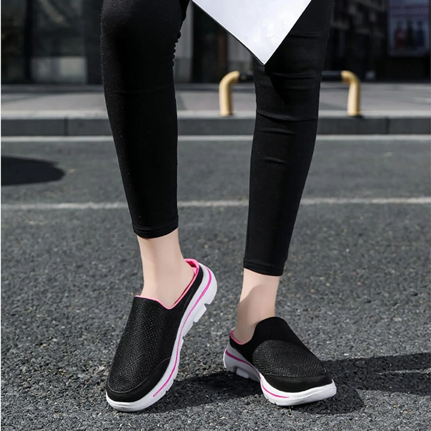 ORNVEION Women's Mesh Knitted Slip-On Platform Mules with Arch Support,Fashion Backless Soft Lightweight Half Sports Shoes Breathable Non-Slip Walking Slippers