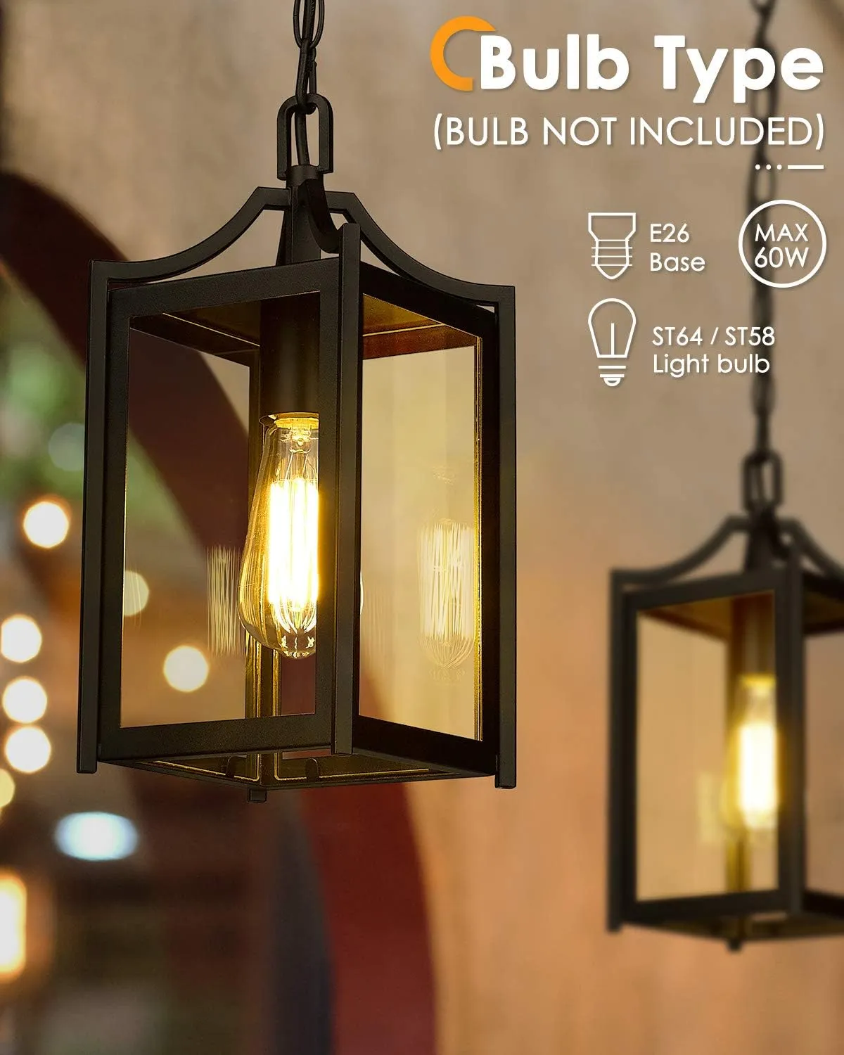 Outdoor Pendant Light, 14" Large Modern Hanging Porch Light with Adjustable Chain, Black Exterior Outdoor Hanging Lantern with Clear Glass for Porch Foyer Gazebo, 2439/1H