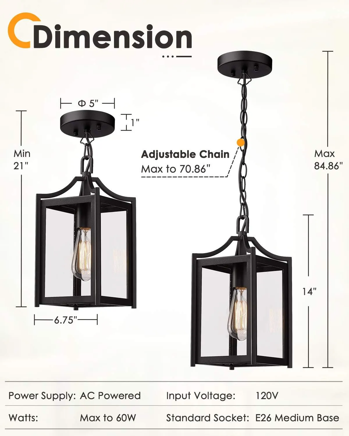 Outdoor Pendant Light, 14" Large Modern Hanging Porch Light with Adjustable Chain, Black Exterior Outdoor Hanging Lantern with Clear Glass for Porch Foyer Gazebo, 2439/1H