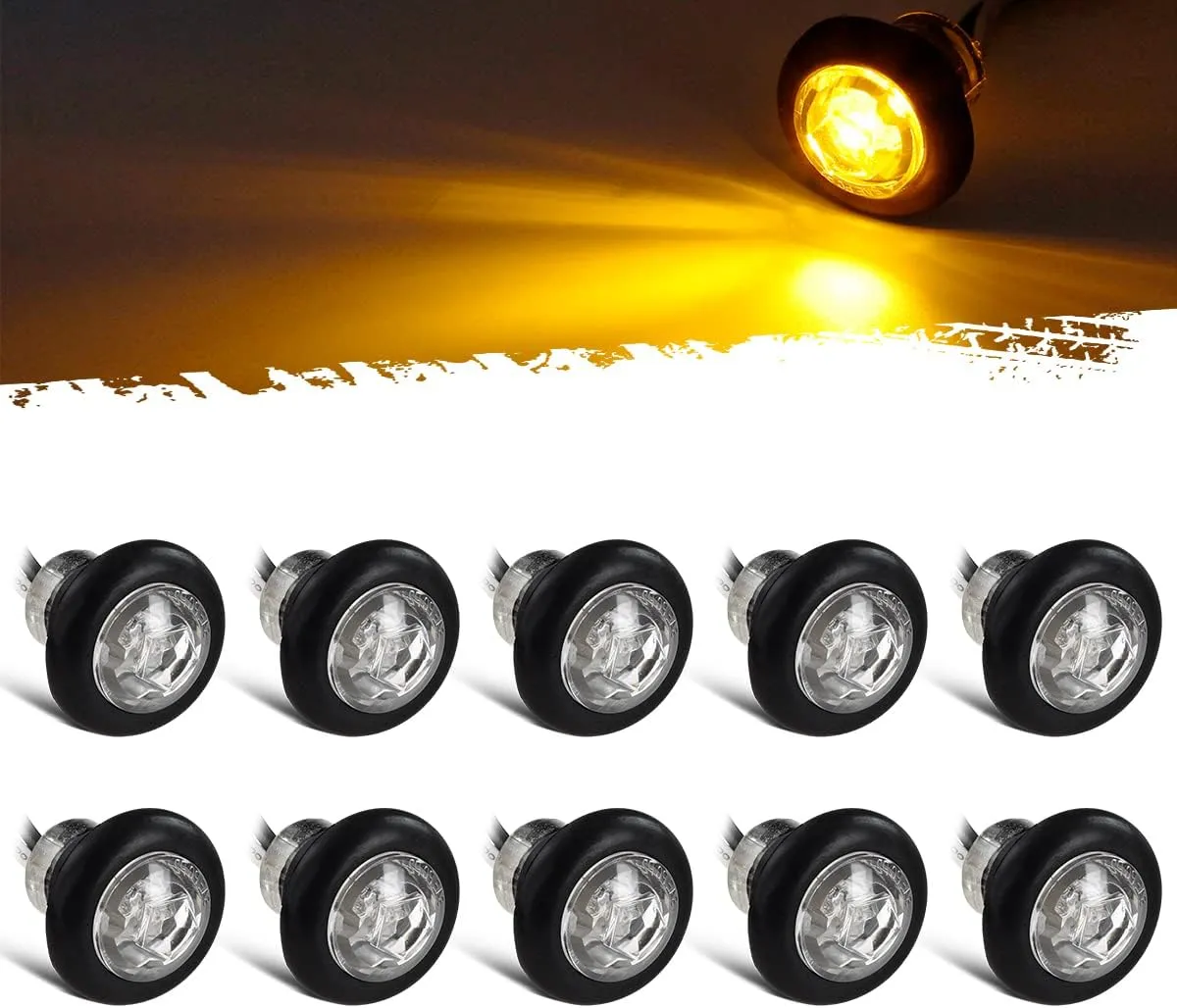 Partsam 10Pcs 3/4 Inch Amber Led Side Marker, Clear Lens Clearance Bullet Lights Penny Light with Plug Rubber Grommets for Trailer Truck RV Car Bus Van, 12V IP67 Waterproof