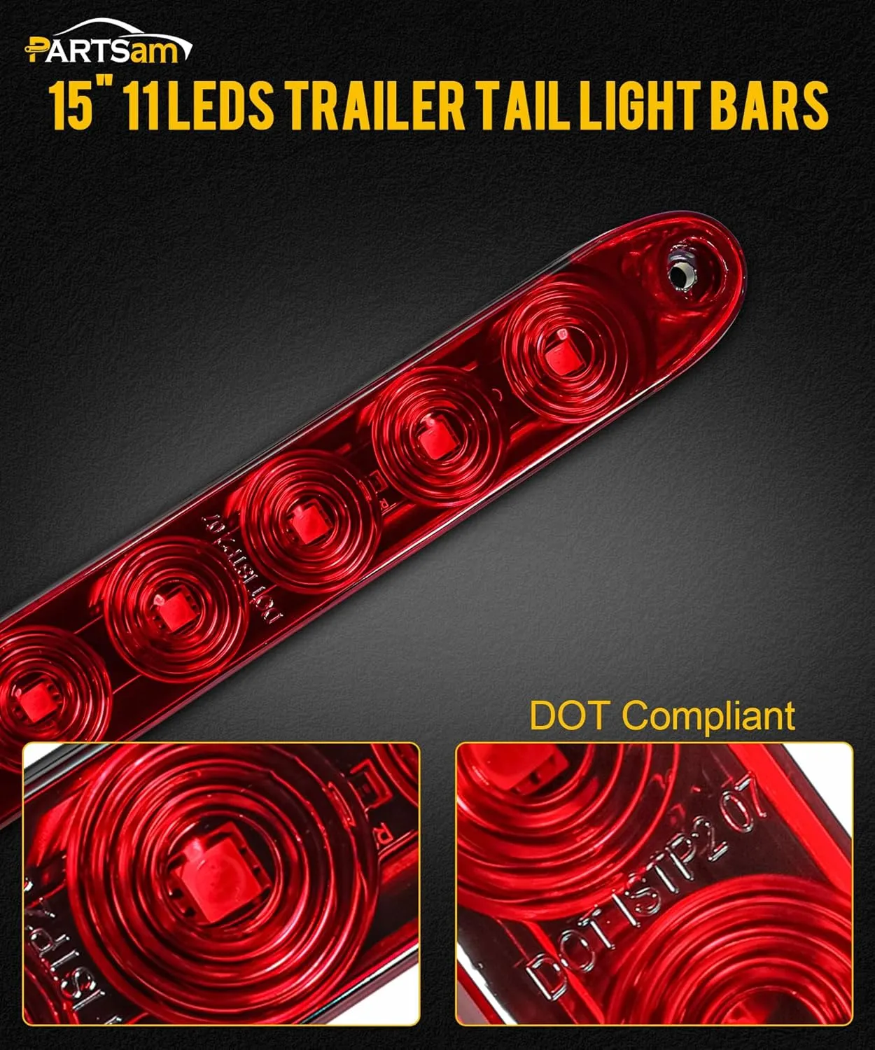 Partsam 2PCS Red 15" 11 LED Trailer Light Bar Sealed Stop Turn Tail Park Third 3rd Brake Light Truck Trailer Marker ID Bar Waterproof DOT Compliant