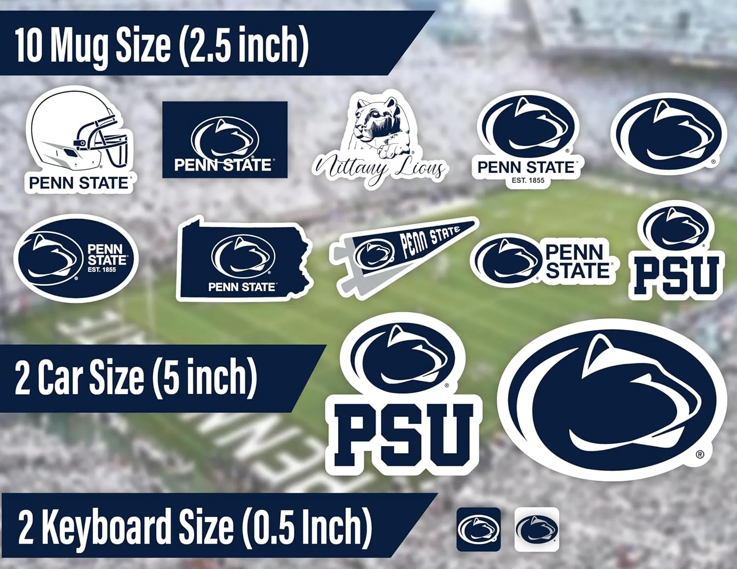Penn State Stickers (14 Stickers) 2 Large 5" for Car Windows 10 Medium 2.5" for Water Bottles Laptops Phones and 2 Mini Keyboard Decals Gift for Men or Women Football Fans (Penn State Nittany Lions)