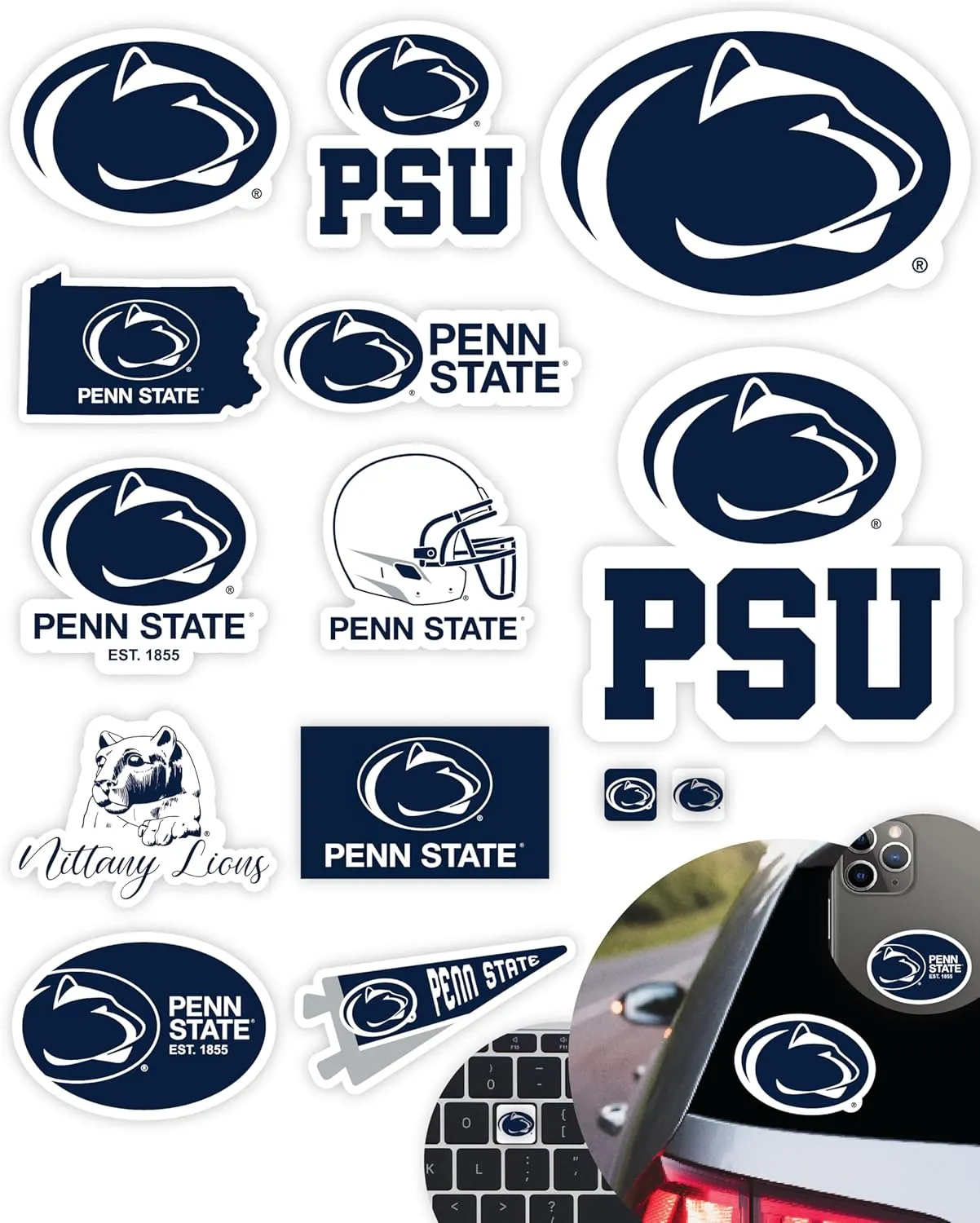 Penn State Stickers (14 Stickers) 2 Large 5" for Car Windows 10 Medium 2.5" for Water Bottles Laptops Phones and 2 Mini Keyboard Decals Gift for Men or Women Football Fans (Penn State Nittany Lions)