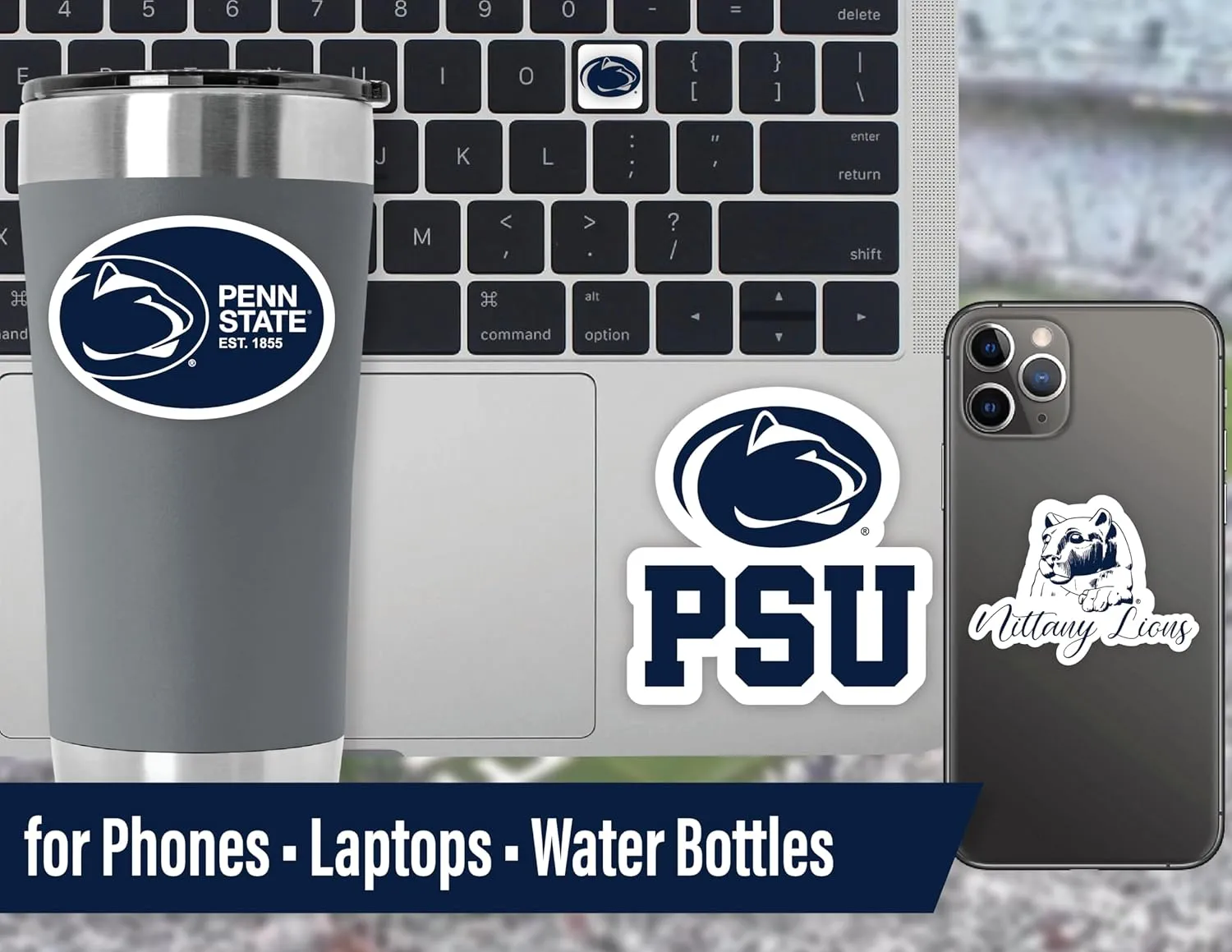Penn State Stickers (14 Stickers) 2 Large 5" for Car Windows 10 Medium 2.5" for Water Bottles Laptops Phones and 2 Mini Keyboard Decals Gift for Men or Women Football Fans (Penn State Nittany Lions)