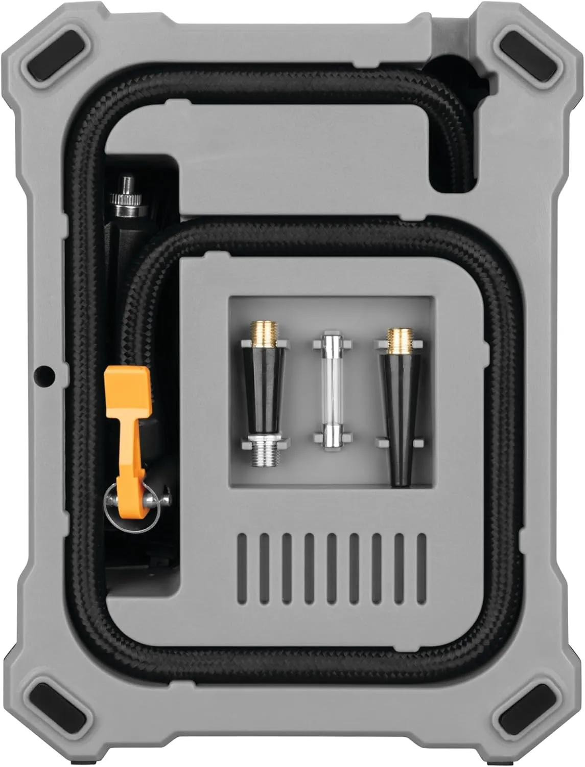 Performance Tool Vortex W7901 12V Rapid Tire Inflator w/LED Light Lever-Locking Air Chuck, Long Power Cord, Three Nozzles, Gray