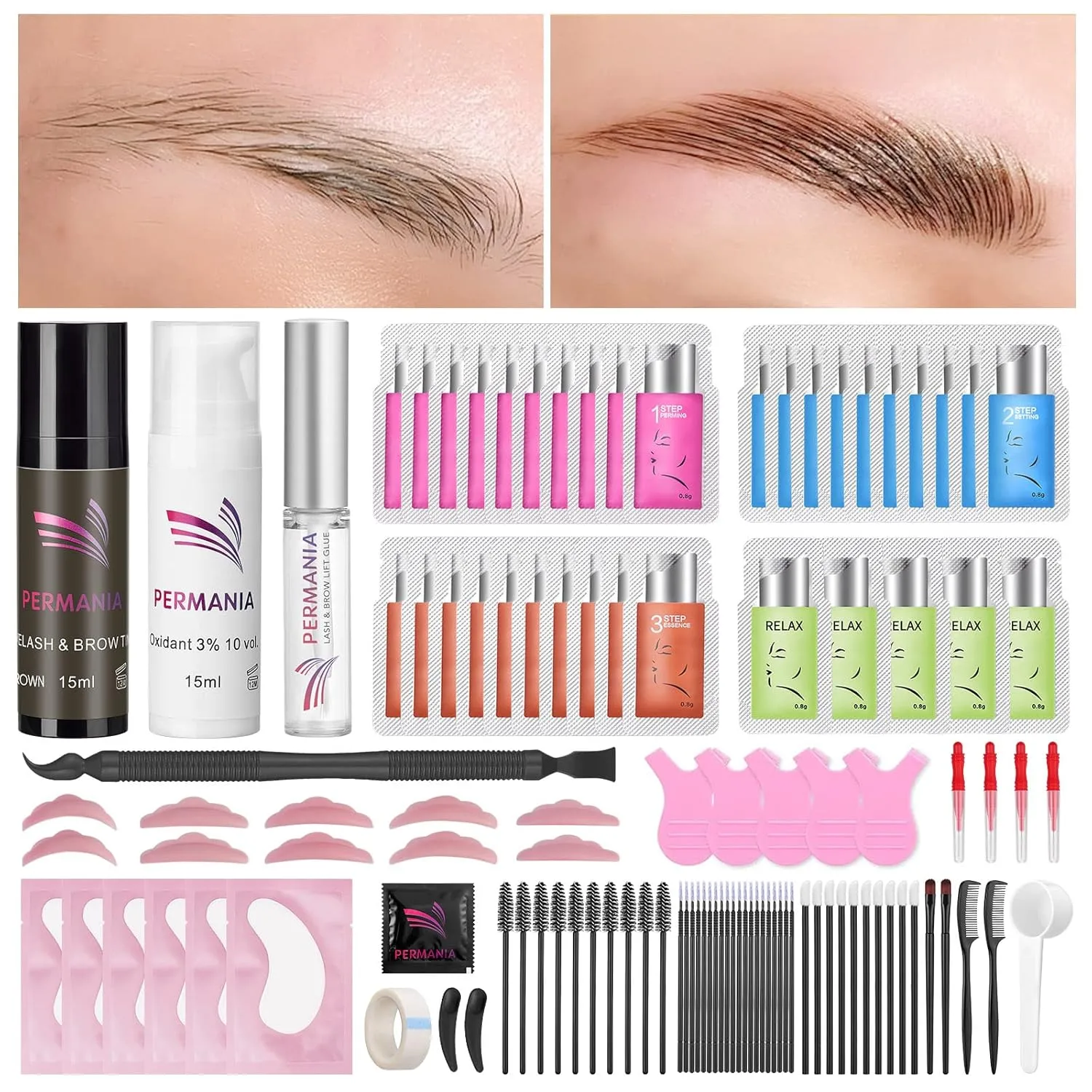 PERMANIA Brow Lamination with Brown Color Kit, Lash Lift & Eyebrow 4 IN 1 Brown Coloring Make Eyelash Perm Voluminous and Curl for Salon & Home Lasts up to 6 Weeks(Brown)