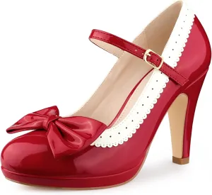 Perphy Bow Platform Stiletto Heels Mary Janes Shoes for Women Retro 1950s Shoes