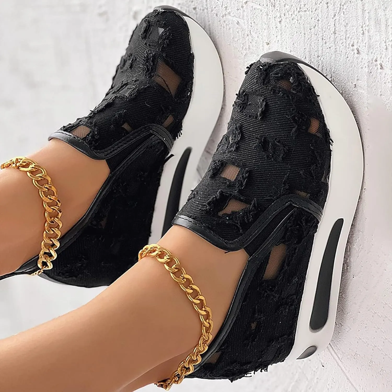 Platform Wedge Sneakers for Women Dressy Casual High Heel Loafers Floral Embroidery Tennis Shoes Breathable Walking Shoe Comfortable Sheer Mesh Slip on Shoe Chunky Sole Sneaker with Arch Support