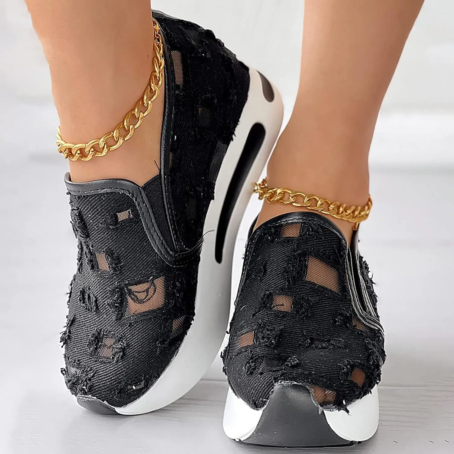 Platform Wedge Sneakers for Women Dressy Casual High Heel Loafers Floral Embroidery Tennis Shoes Breathable Walking Shoe Comfortable Sheer Mesh Slip on Shoe Chunky Sole Sneaker with Arch Support