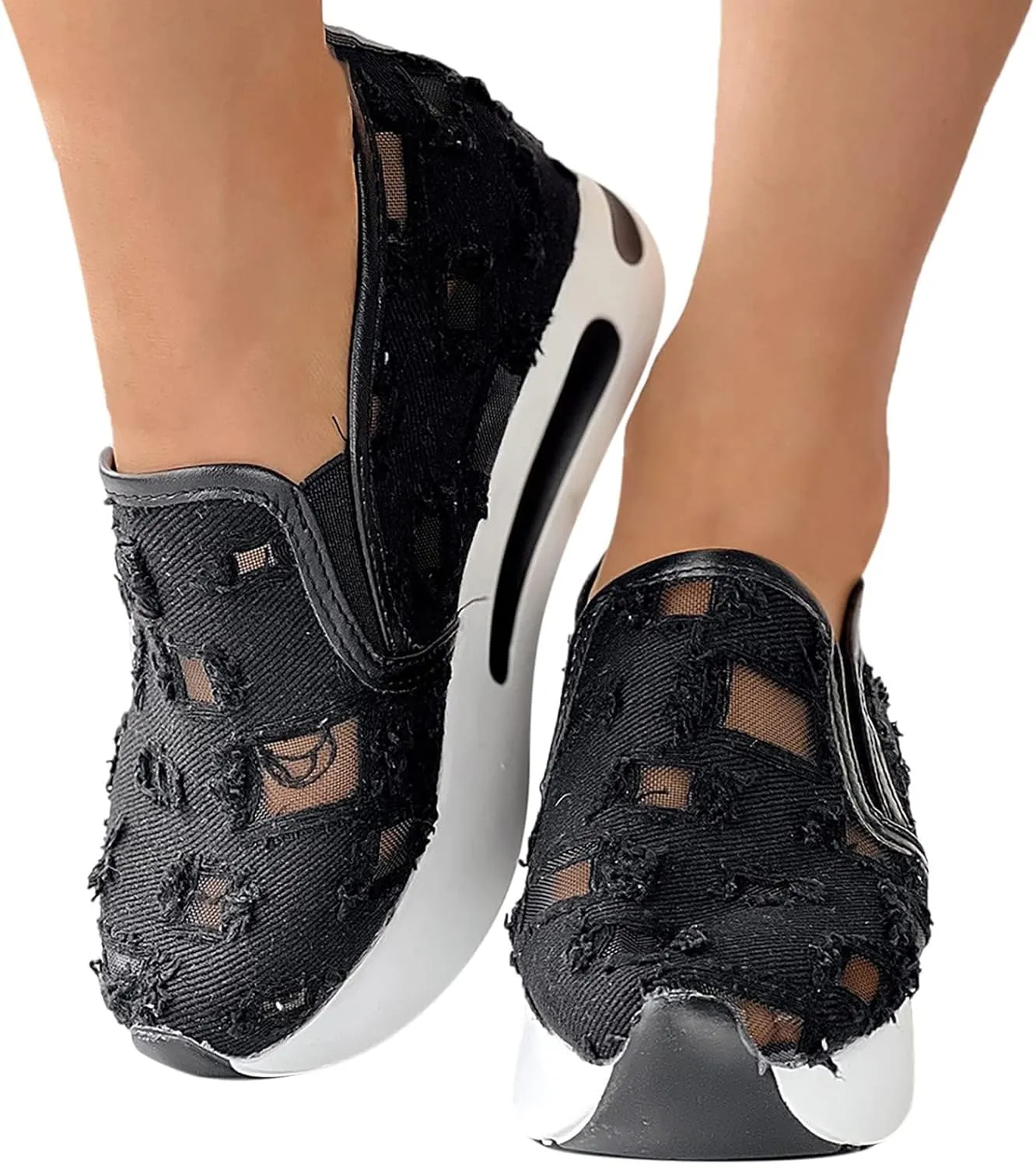 Platform Wedge Sneakers for Women Dressy Casual High Heel Loafers Floral Embroidery Tennis Shoes Breathable Walking Shoe Comfortable Sheer Mesh Slip on Shoe Chunky Sole Sneaker with Arch Support