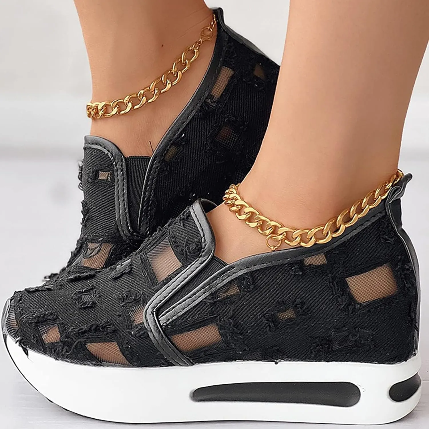 Platform Wedge Sneakers for Women Dressy Casual High Heel Loafers Floral Embroidery Tennis Shoes Breathable Walking Shoe Comfortable Sheer Mesh Slip on Shoe Chunky Sole Sneaker with Arch Support