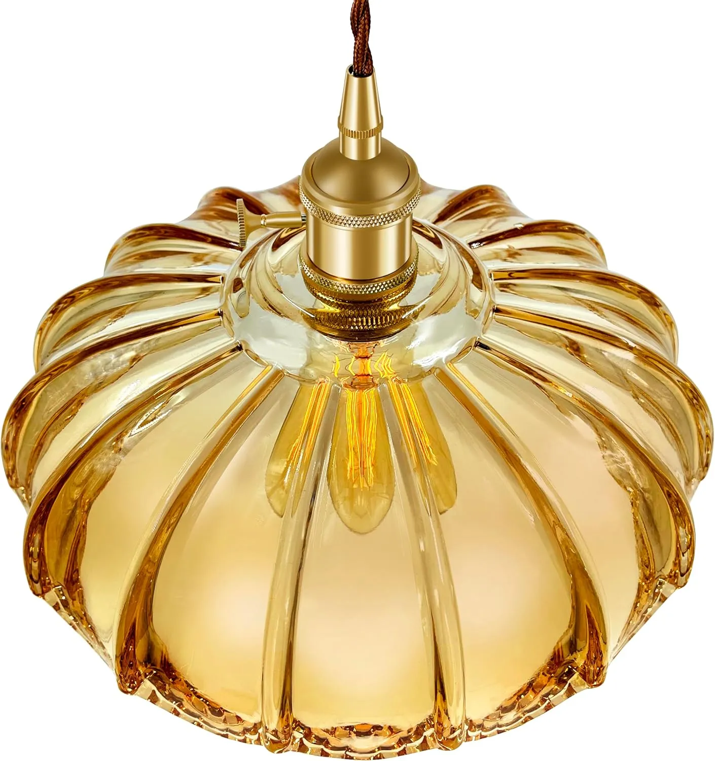 Plug-in Pendant Light Fixture, Hanging Light Fixture, Glass Pendant Light, Swag Lamp with Inline On/Off Switch for Kitchen Island, Bedroom, Dining Room, Living Room (Amber Lotus, Plug-in)
