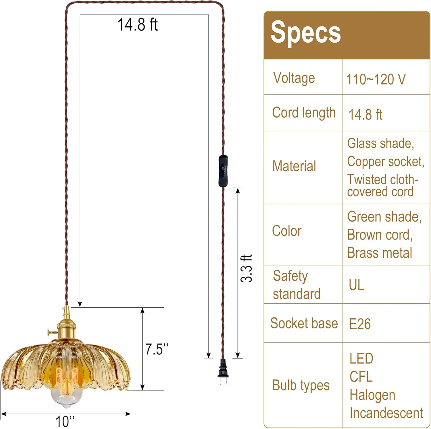 Plug-in Pendant Light Fixture, Hanging Light Fixture, Glass Pendant Light, Swag Lamp with Inline On/Off Switch for Kitchen Island, Bedroom, Dining Room, Living Room (Amber Lotus, Plug-in)
