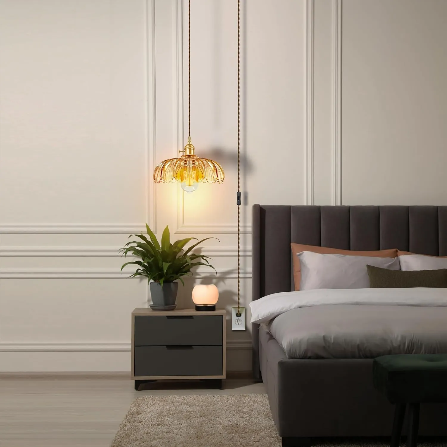 Plug-in Pendant Light Fixture, Hanging Light Fixture, Glass Pendant Light, Swag Lamp with Inline On/Off Switch for Kitchen Island, Bedroom, Dining Room, Living Room (Amber Lotus, Plug-in)