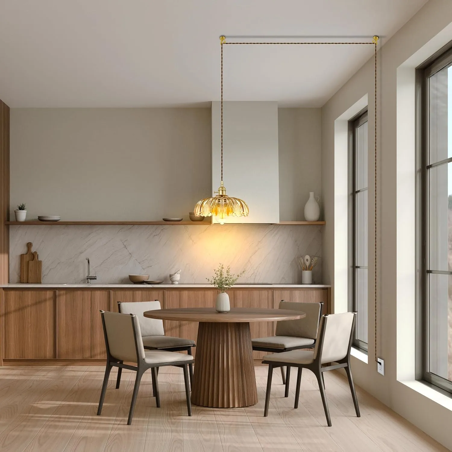 Plug-in Pendant Light Fixture, Hanging Light Fixture, Glass Pendant Light, Swag Lamp with Inline On/Off Switch for Kitchen Island, Bedroom, Dining Room, Living Room (Amber Lotus, Plug-in)