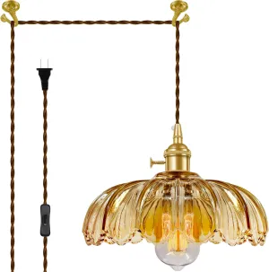 Plug-in Pendant Light Fixture, Hanging Light Fixture, Glass Pendant Light, Swag Lamp with Inline On/Off Switch for Kitchen Island, Bedroom, Dining Room, Living Room (Amber Lotus, Plug-in)