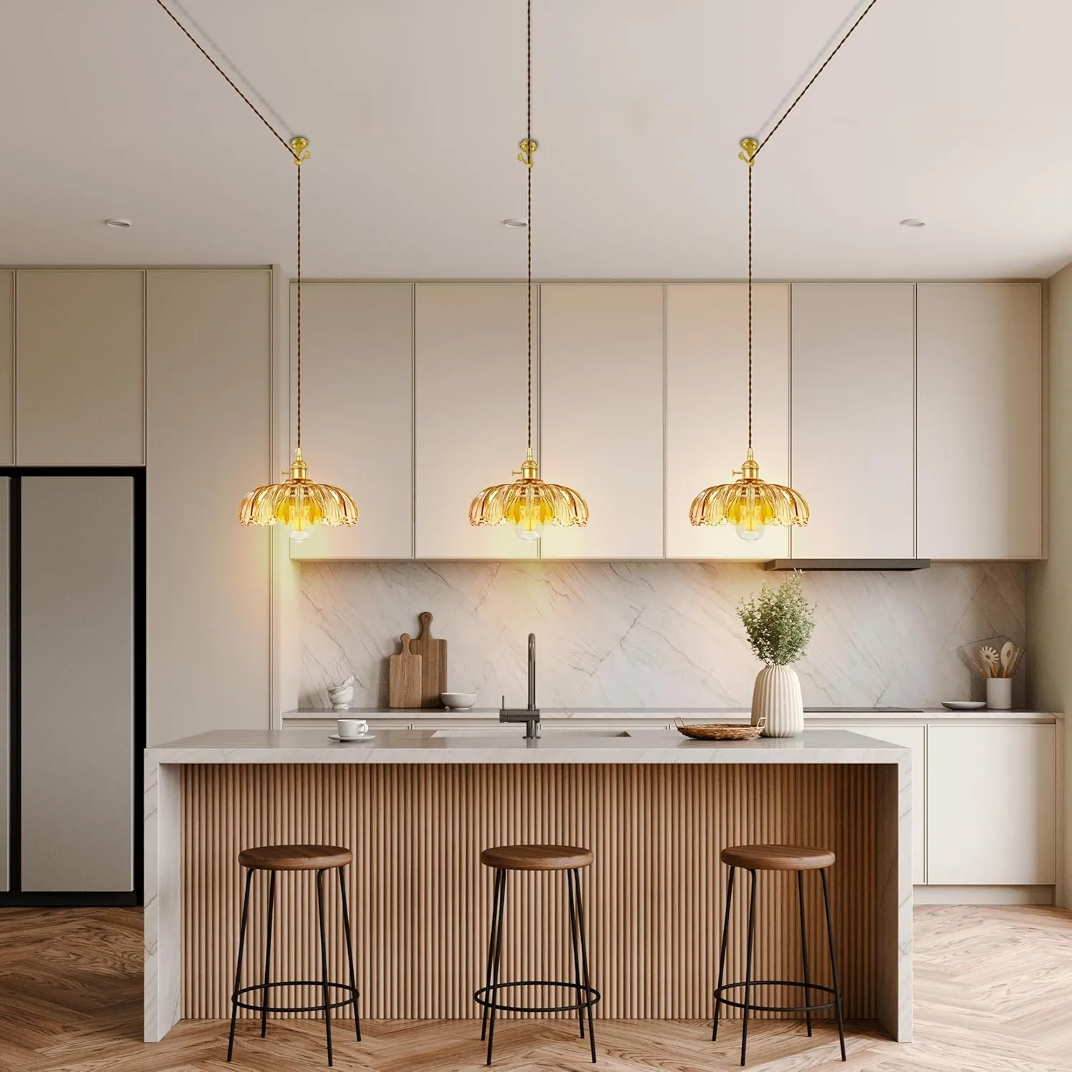 Plug-in Pendant Light Fixture, Hanging Light Fixture, Glass Pendant Light, Swag Lamp with Inline On/Off Switch for Kitchen Island, Bedroom, Dining Room, Living Room (Amber Lotus, Plug-in)
