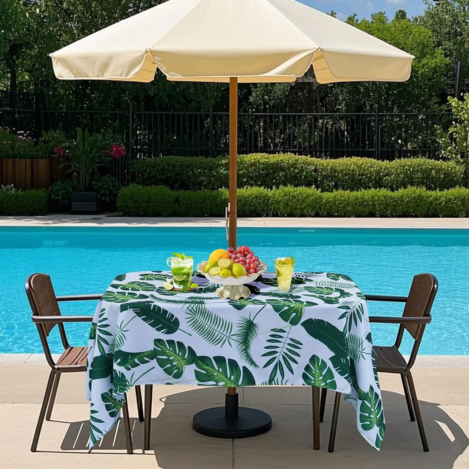 Poise3EHome Outdoor Tablecloth Rectangle with Umbrella Hole Waterproof Tropical Green Tablecloth for Spring Picnic Party Camping Patio Table, Palm Leaf (60X104 Zipper)