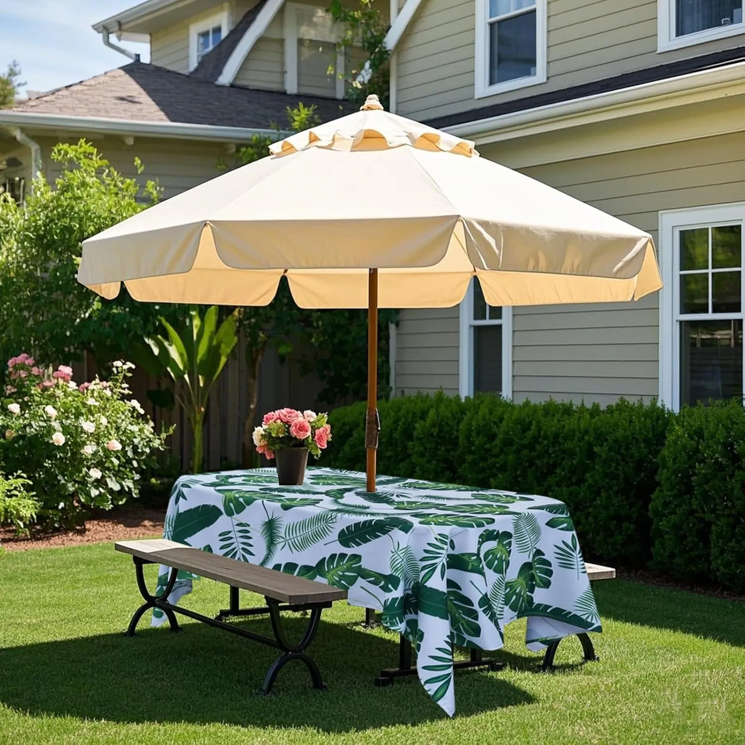 Poise3EHome Outdoor Tablecloth Rectangle with Umbrella Hole Waterproof Tropical Green Tablecloth for Spring Picnic Party Camping Patio Table, Palm Leaf (60X104 Zipper)