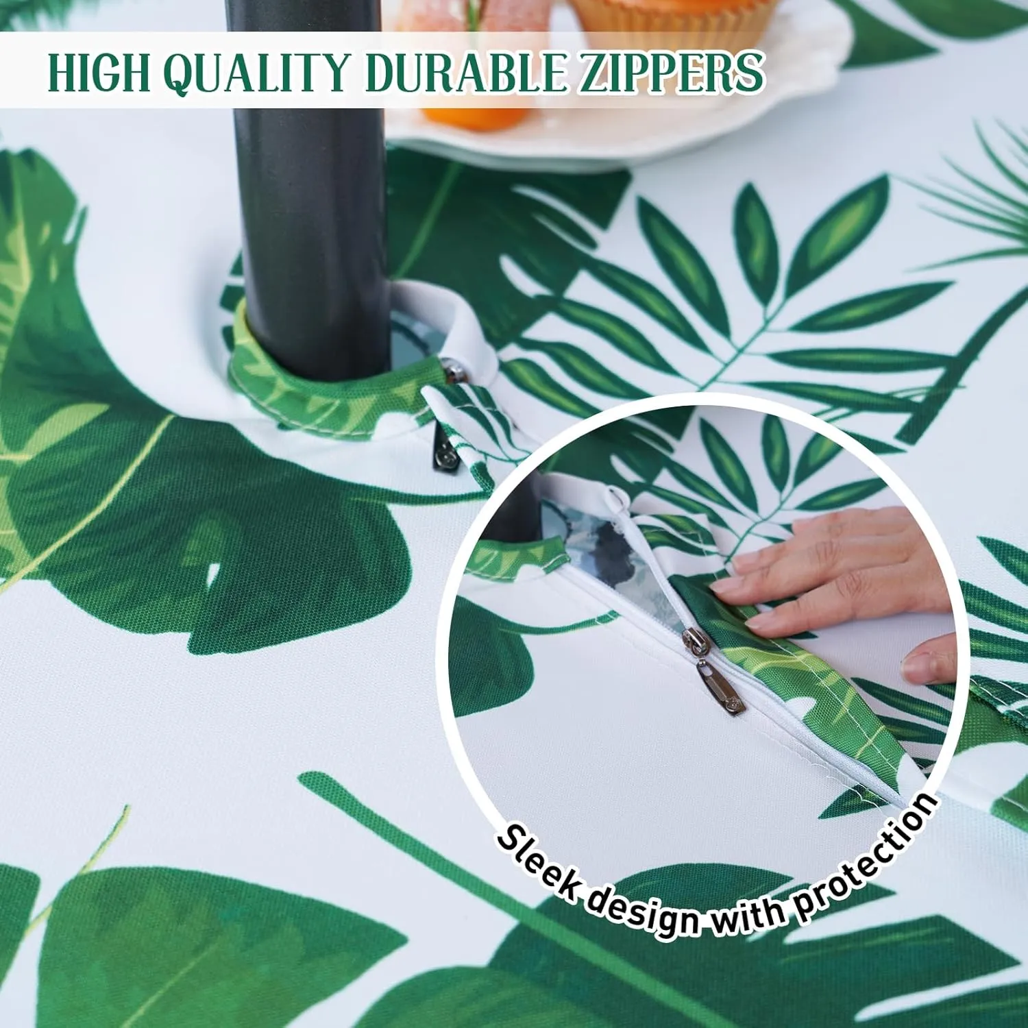 Poise3EHome Outdoor Tablecloth Rectangle with Umbrella Hole Waterproof Tropical Green Tablecloth for Spring Picnic Party Camping Patio Table, Palm Leaf (60X104 Zipper)