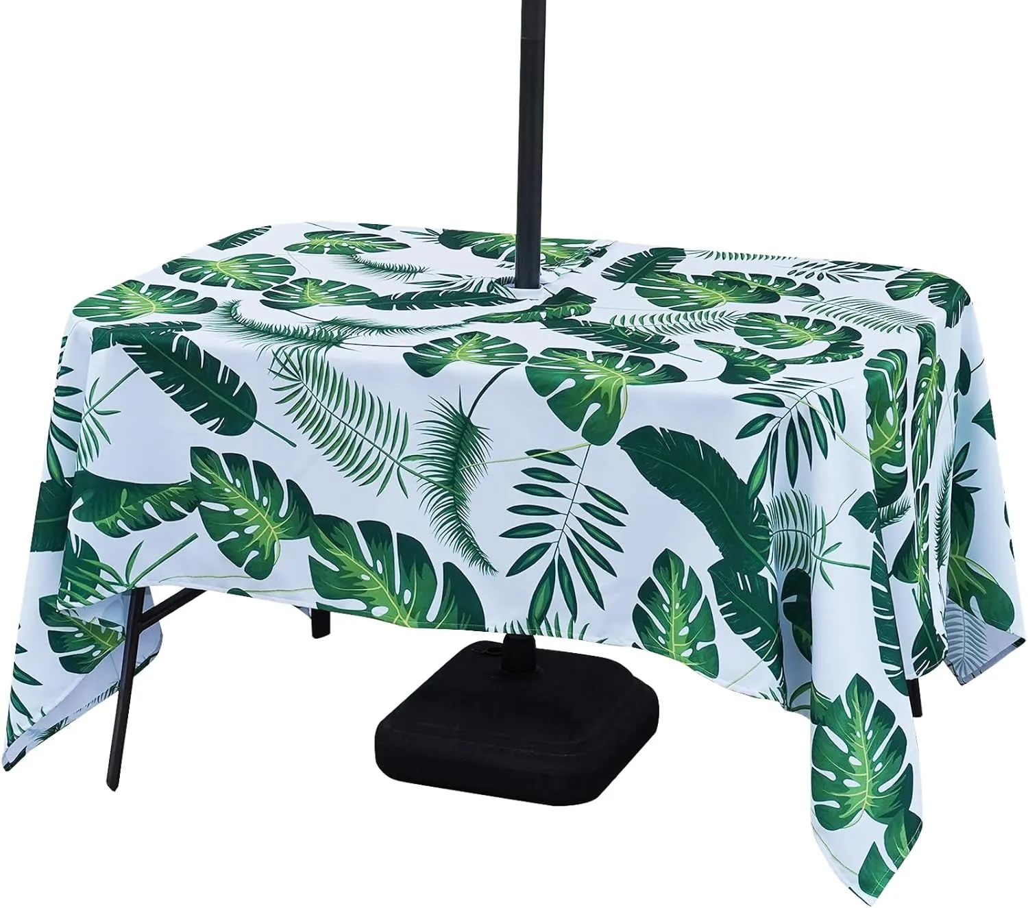 Poise3EHome Outdoor Tablecloth Rectangle with Umbrella Hole Waterproof Tropical Green Tablecloth for Spring Picnic Party Camping Patio Table, Palm Leaf (60X104 Zipper)