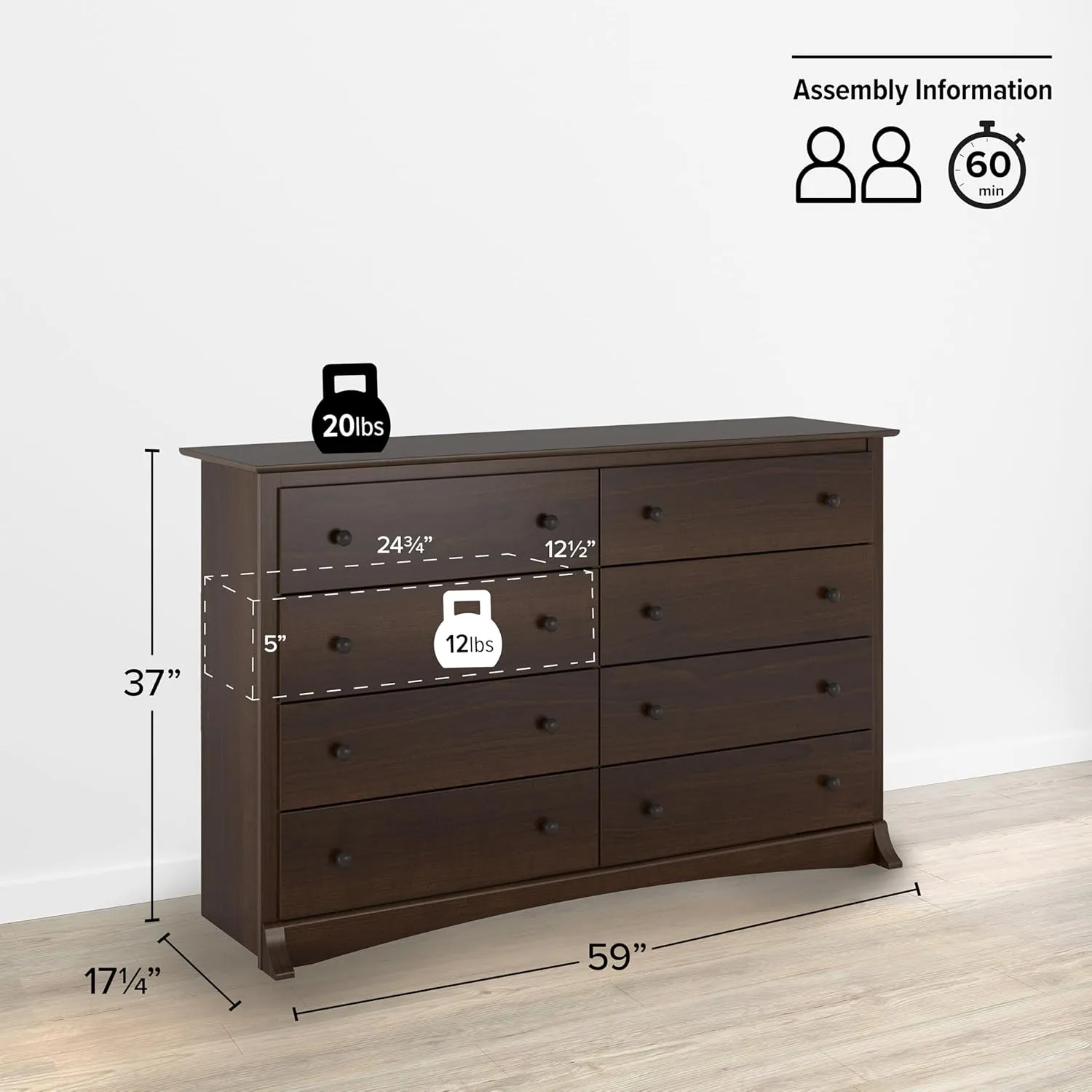 Prepac Sonoma 8 Drawer Double Dresser for Bedroom, Wide Chest of Drawers, Bedroom Furniture, Clothes Storage and Organizer, 17.25" D x 59" W x 37" H, Espresso, EDC-6338