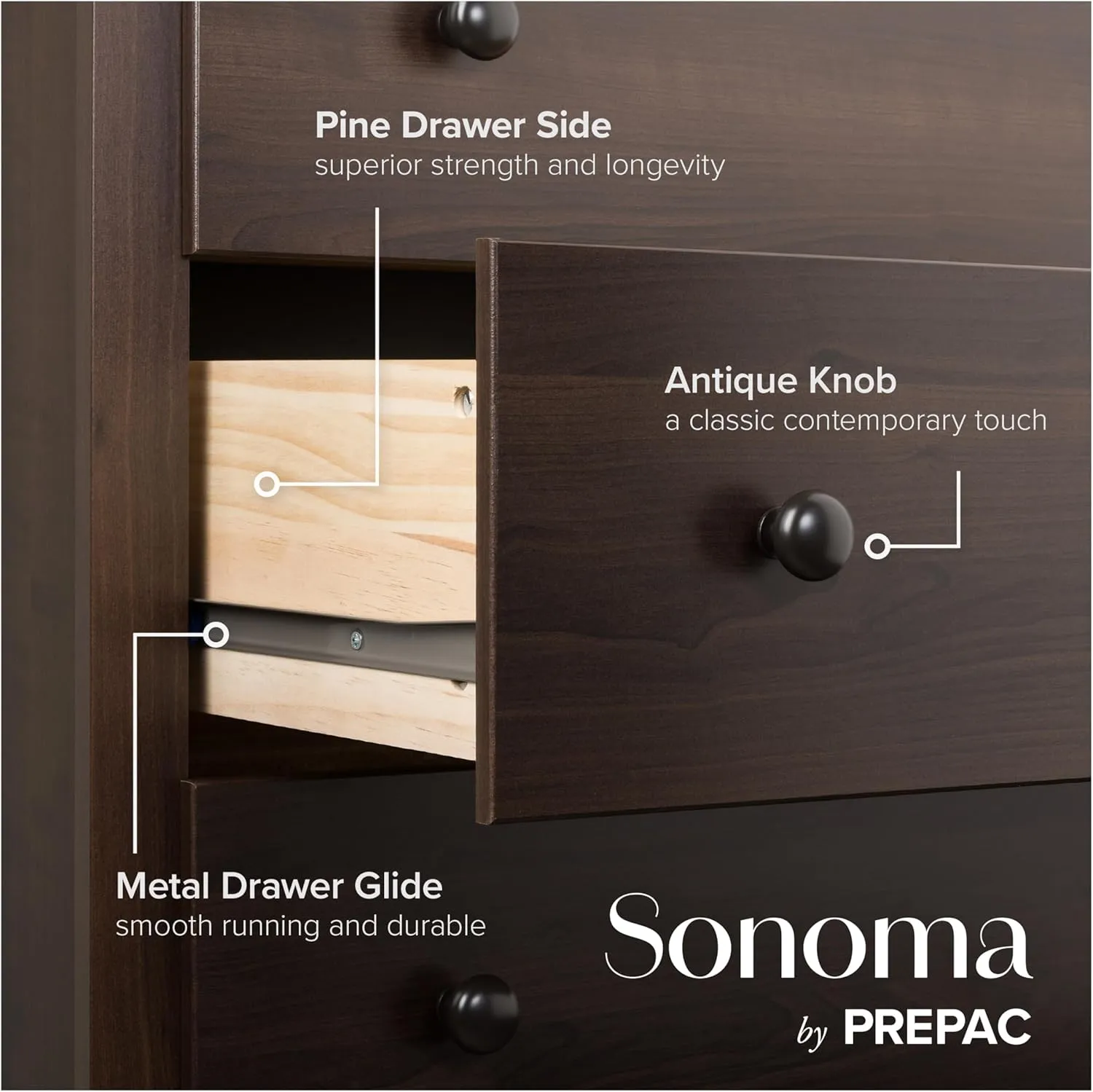 Prepac Sonoma 8 Drawer Double Dresser for Bedroom, Wide Chest of Drawers, Bedroom Furniture, Clothes Storage and Organizer, 17.25" D x 59" W x 37" H, Espresso, EDC-6338