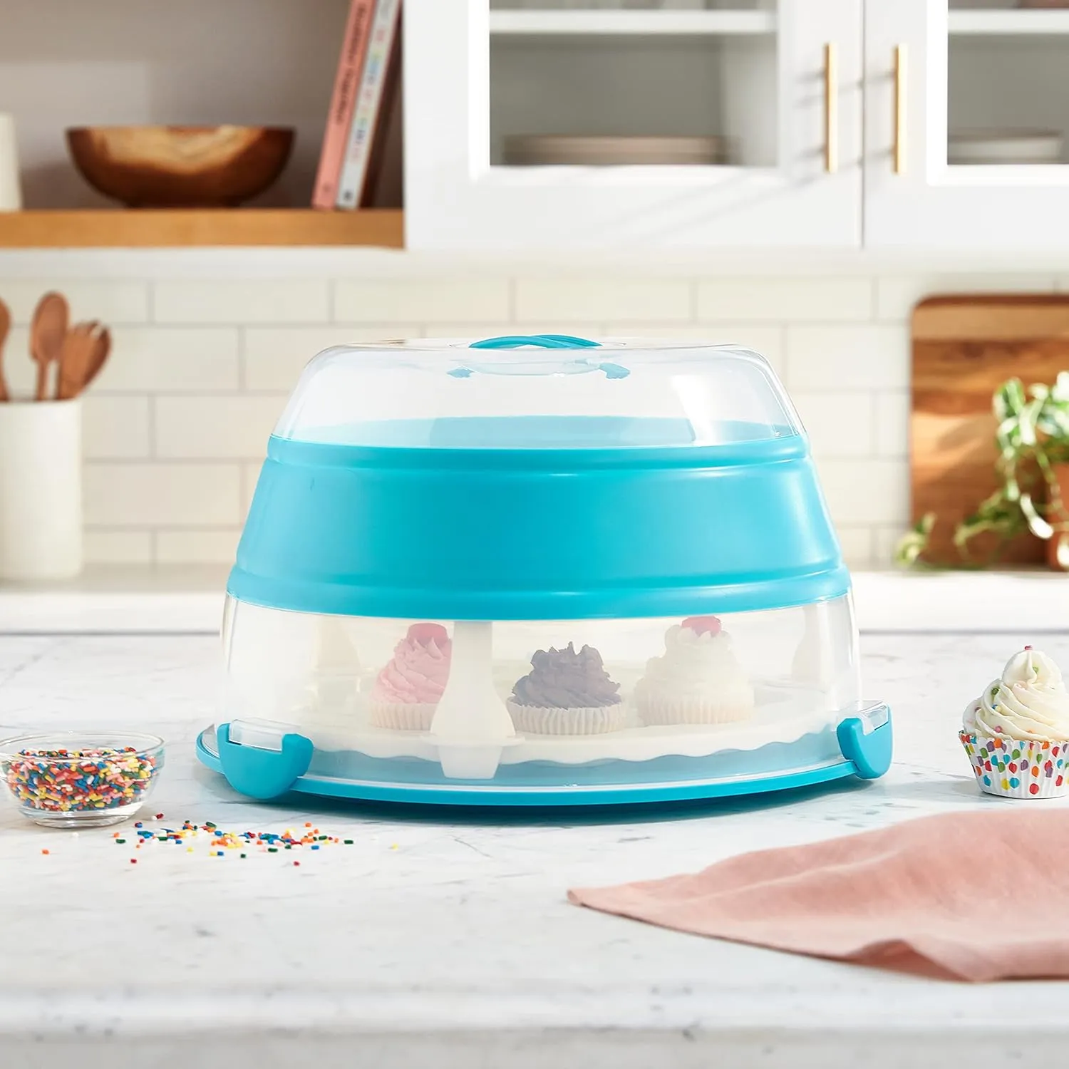 PrepWorks by Progressive Collapsible Cupcake and Cake Carrier – 24 Cupcakes, 2 Layers, Teal, Easy to Transport Desserts