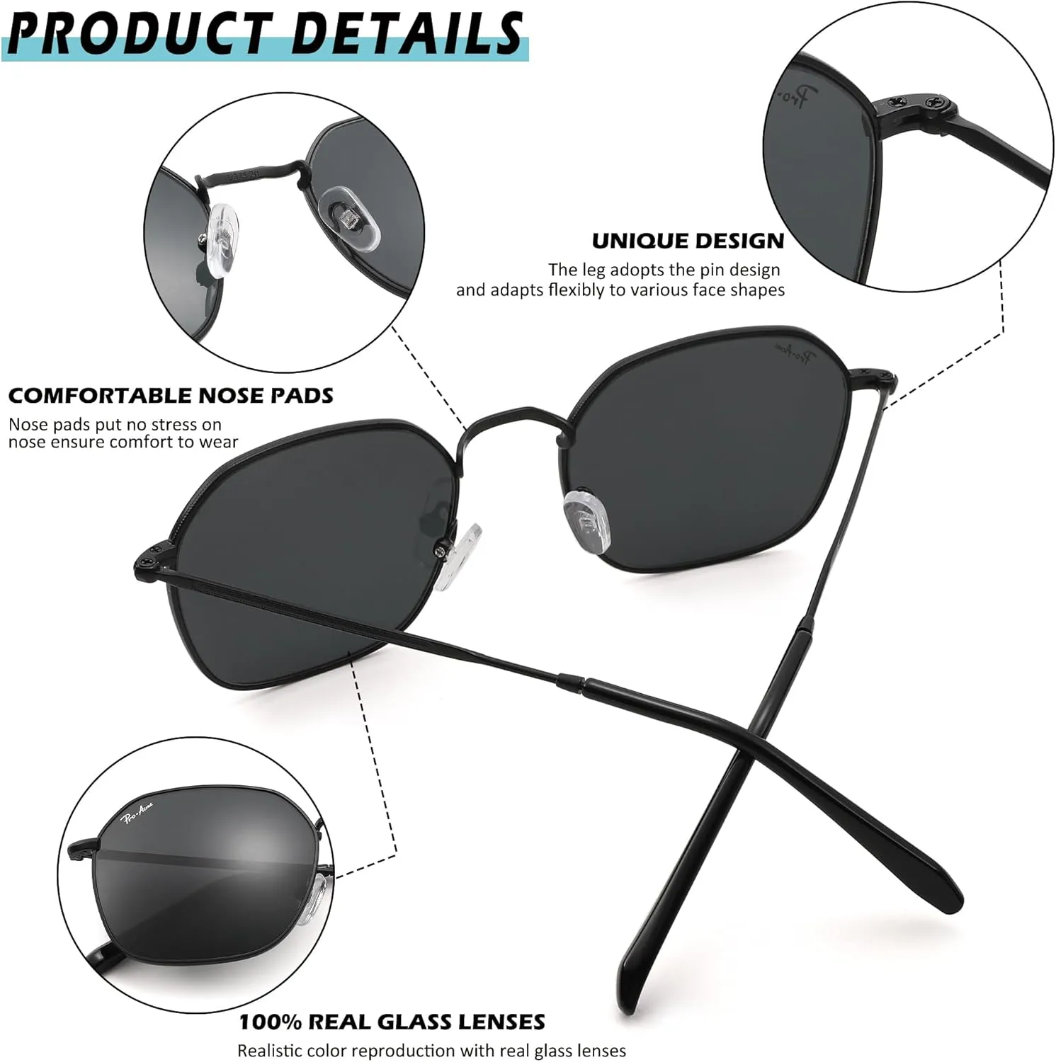 Pro Acme Classic Sunglasses for Women Men Hexagonal Flat Metal Frame Trendy Square Shades Sunglasses 100% Real Glass Lens