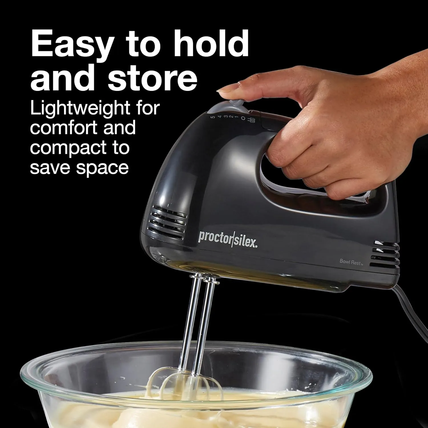 Proctor Silex Easy Mix 5-Speed Electric Hand Mixer with Bowl Rest, Compact and Lightweight, 100 Watts of Peak Power, Black (62507PS)