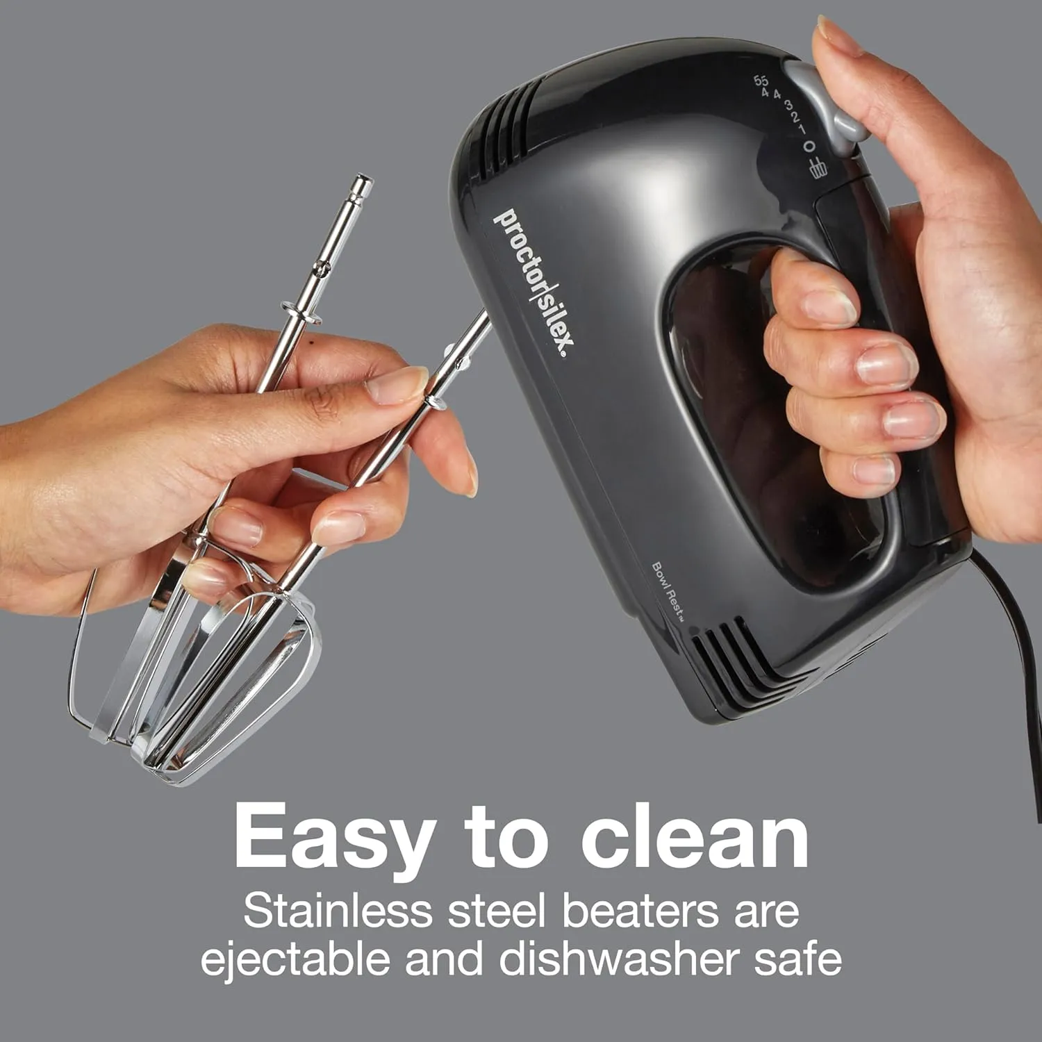 Proctor Silex Easy Mix 5-Speed Electric Hand Mixer with Bowl Rest, Compact and Lightweight, 100 Watts of Peak Power, Black (62507PS)