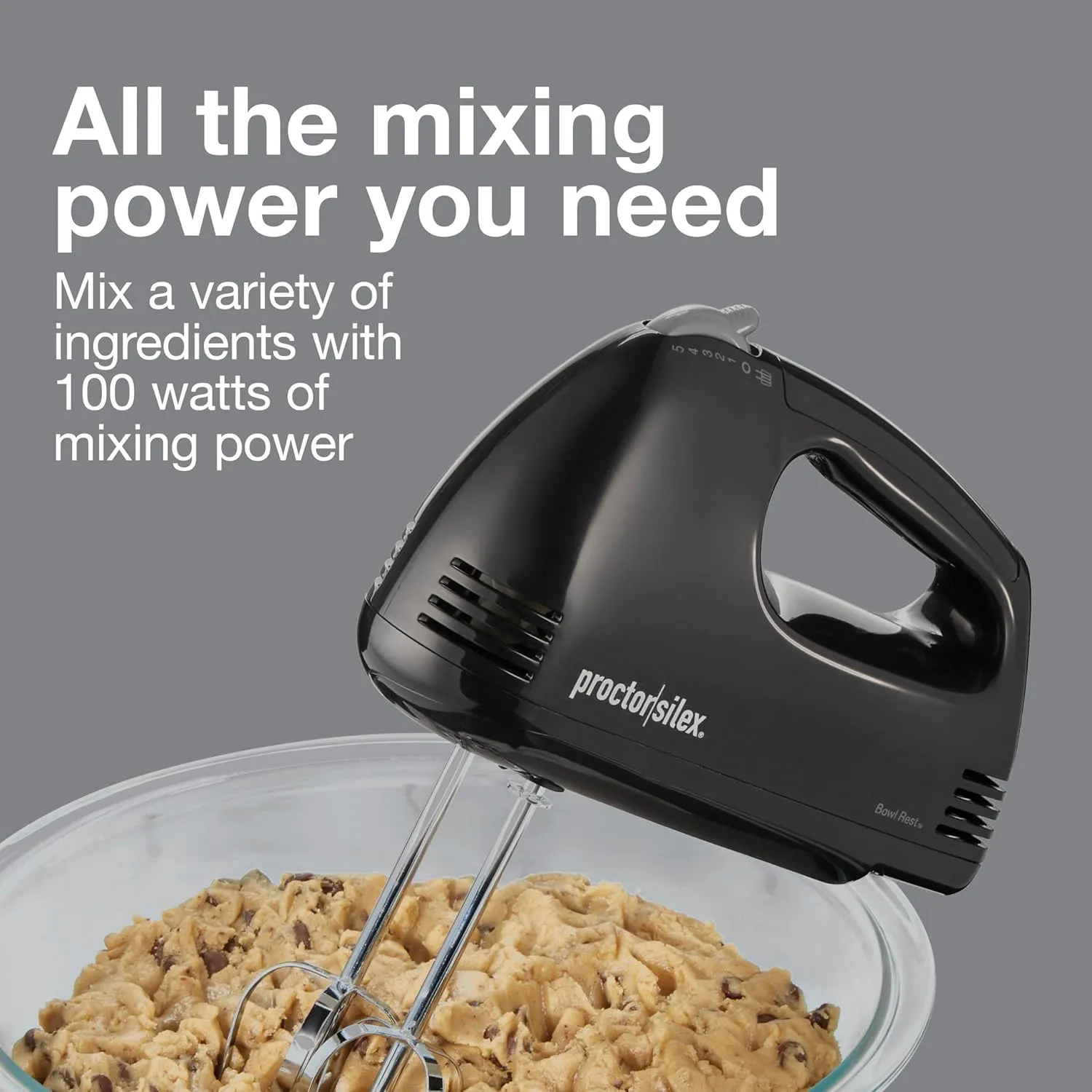 Proctor Silex Easy Mix 5-Speed Electric Hand Mixer with Bowl Rest, Compact and Lightweight, 100 Watts of Peak Power, Black (62507PS)
