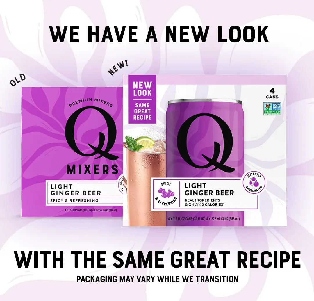 Q LIGHT GINGER BEER with Real Ginger & Organic Agave - Ideal for Cocktails & Mocktails - Made with Real Ingredients, Perfectly Carbonated, & Less Sweet - 40 Calories per Can - 7.5 Fl oz (Pack of 24)