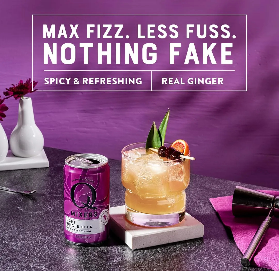 Q LIGHT GINGER BEER with Real Ginger & Organic Agave - Ideal for Cocktails & Mocktails - Made with Real Ingredients, Perfectly Carbonated, & Less Sweet - 40 Calories per Can - 7.5 Fl oz (Pack of 24)