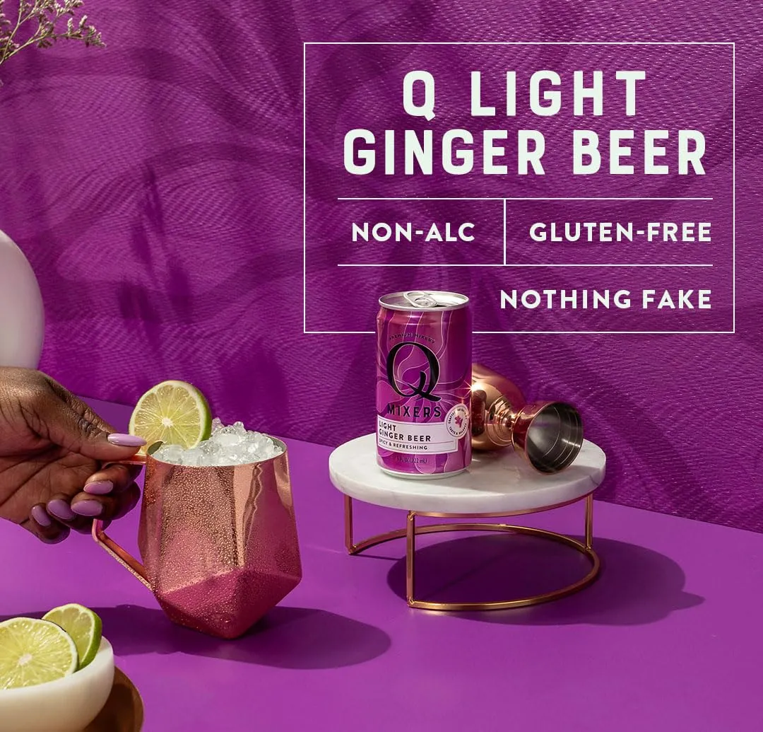 Q LIGHT GINGER BEER with Real Ginger & Organic Agave - Ideal for Cocktails & Mocktails - Made with Real Ingredients, Perfectly Carbonated, & Less Sweet - 40 Calories per Can - 7.5 Fl oz (Pack of 24)