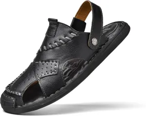 Qiucdzi Mens Leather Sandals, Closed-Toe Hiking Sandals Slip-on Summer Sandals Adjustable Athletic Beach Sandals Handmade Fisherman Shoes for Outdoor