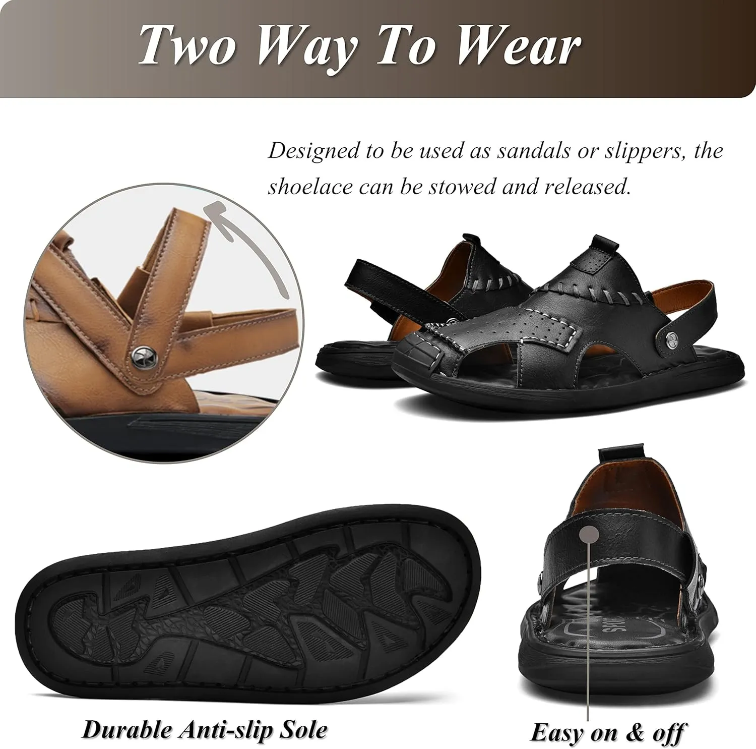 Qiucdzi Mens Leather Sandals, Closed-Toe Hiking Sandals Slip-on Summer Sandals Adjustable Athletic Beach Sandals Handmade Fisherman Shoes for Outdoor