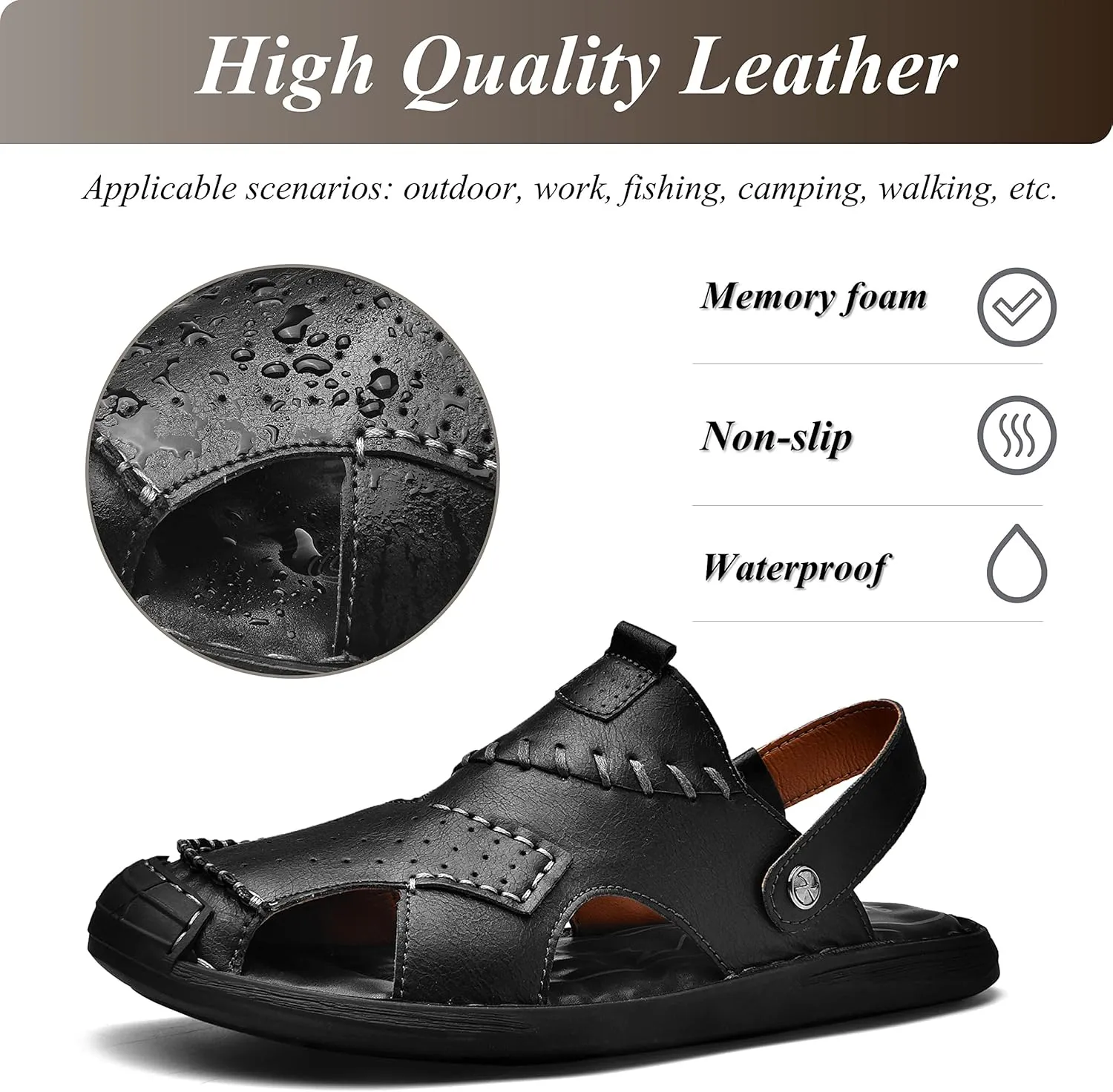 Qiucdzi Mens Leather Sandals, Closed-Toe Hiking Sandals Slip-on Summer Sandals Adjustable Athletic Beach Sandals Handmade Fisherman Shoes for Outdoor