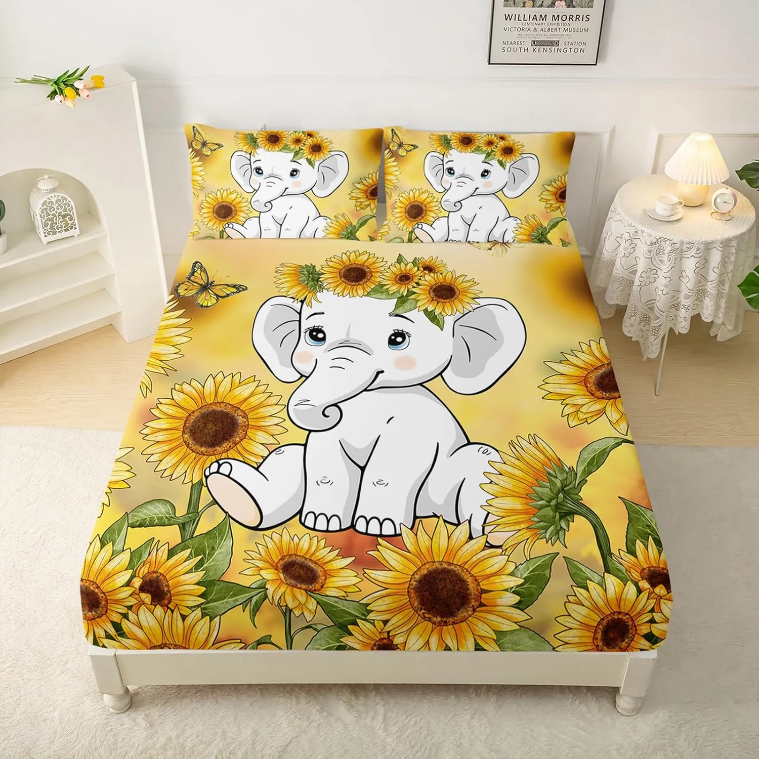 QOOMO Kawaii Elephant Bedding for Boys and Girls Cartoon Wild Animal Kids Sheets Set Sunflower Microfiber Flat Fitted Sheets Set for Children Twin Size 1 Fitted Sheet, 1 Flat Sheet, 2 Pillow Cases