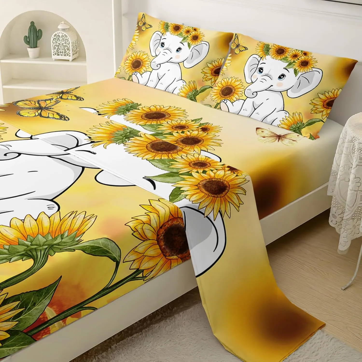 QOOMO Kawaii Elephant Bedding for Boys and Girls Cartoon Wild Animal Kids Sheets Set Sunflower Microfiber Flat Fitted Sheets Set for Children Twin Size 1 Fitted Sheet, 1 Flat Sheet, 2 Pillow Cases