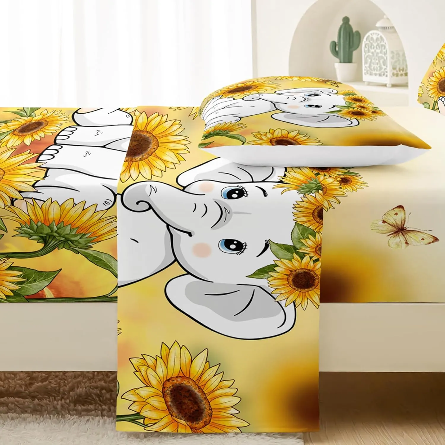 QOOMO Kawaii Elephant Bedding for Boys and Girls Cartoon Wild Animal Kids Sheets Set Sunflower Microfiber Flat Fitted Sheets Set for Children Twin Size 1 Fitted Sheet, 1 Flat Sheet, 2 Pillow Cases