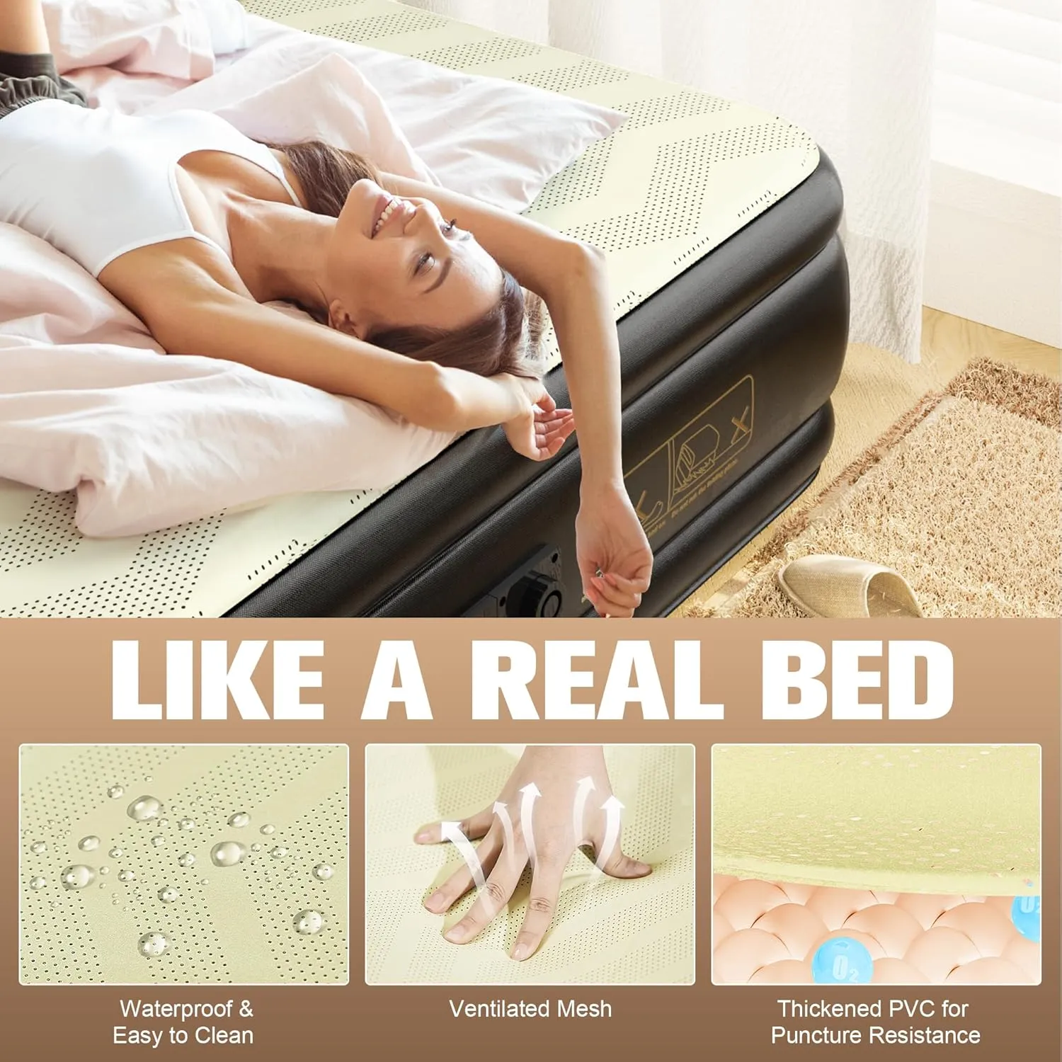 Queen Air Mattress with Built-in Pump,Foam Topper Inflatable Mattress,Luxury Blow Up Mattress 2 Mins Self-Inflation/Deflation - Breathable and Flatness-Free for Camping, Home & Guests